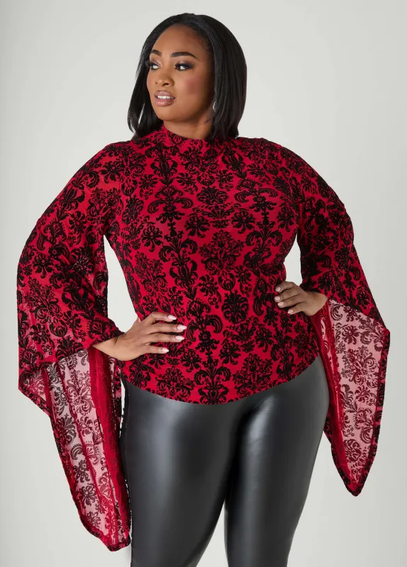 Bell Sleeved Flocked Mesh Top sold by Ashley Stewart