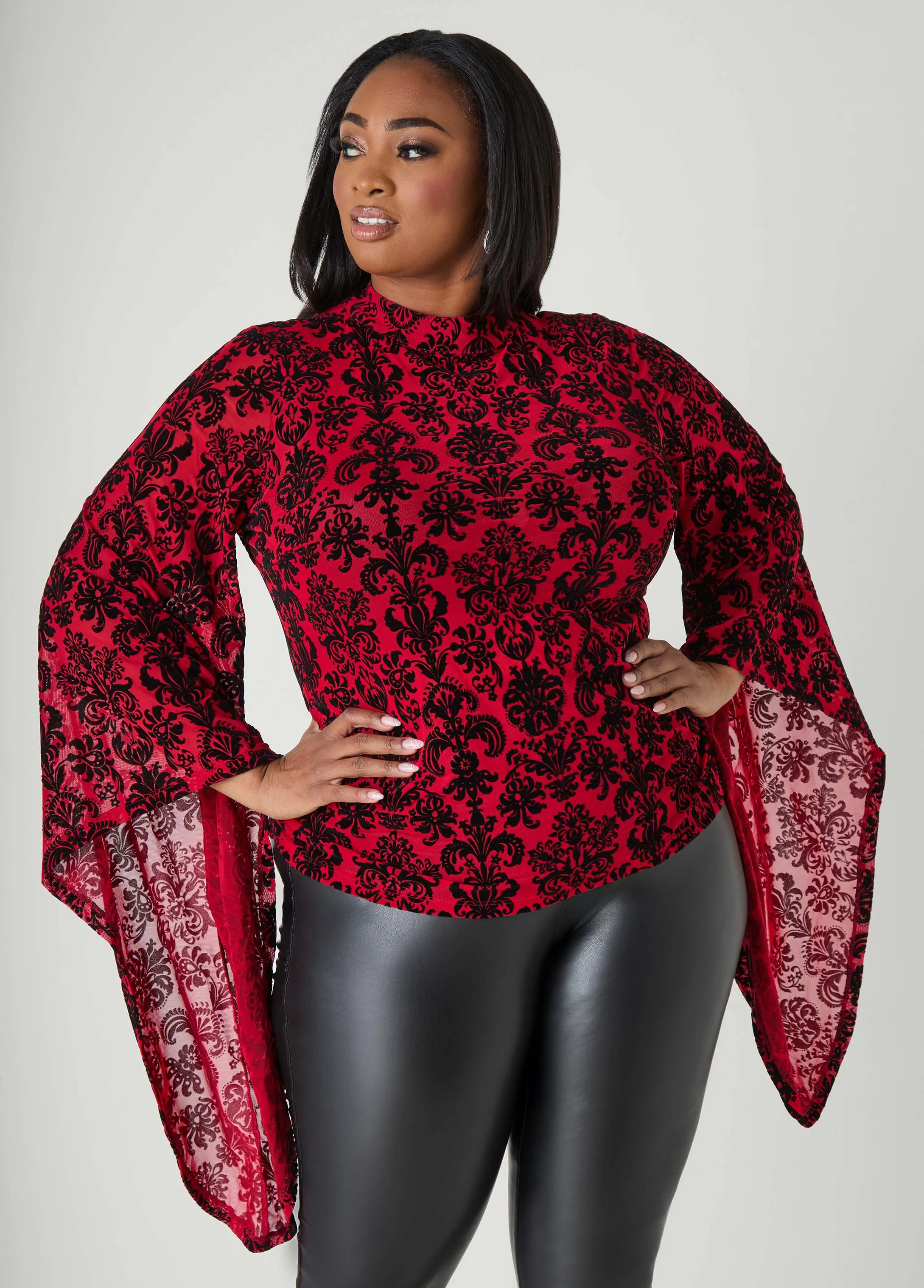 Bell Sleeved Flocked Mesh Top sold by Ashley Stewart