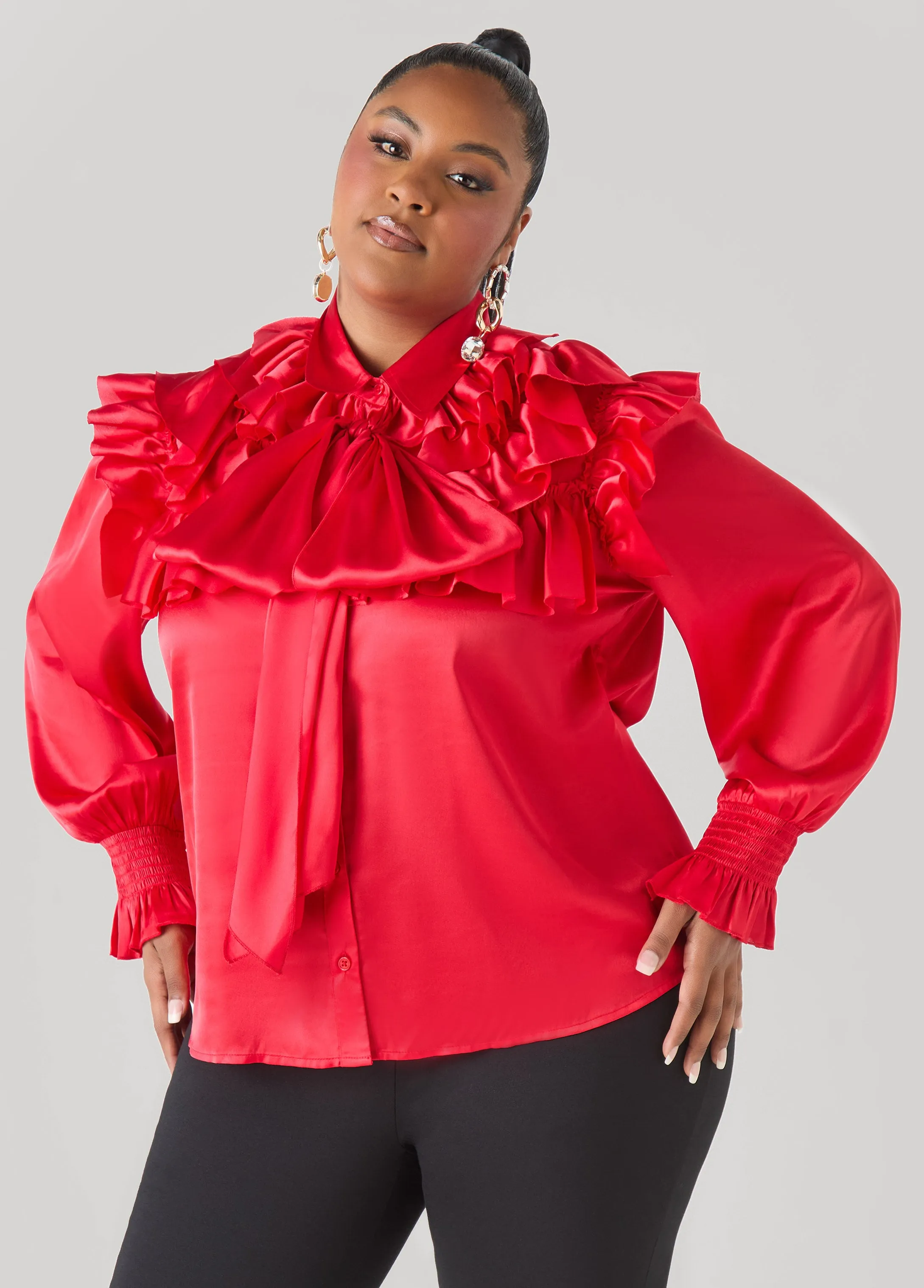 Ruffled Satin Shirt sold by Ashley Stewart product image thumbnail 3