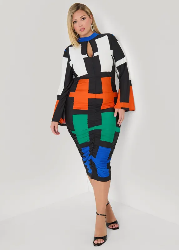 Ruched Geo Print Bodycon Dress sold by Ashley Stewart