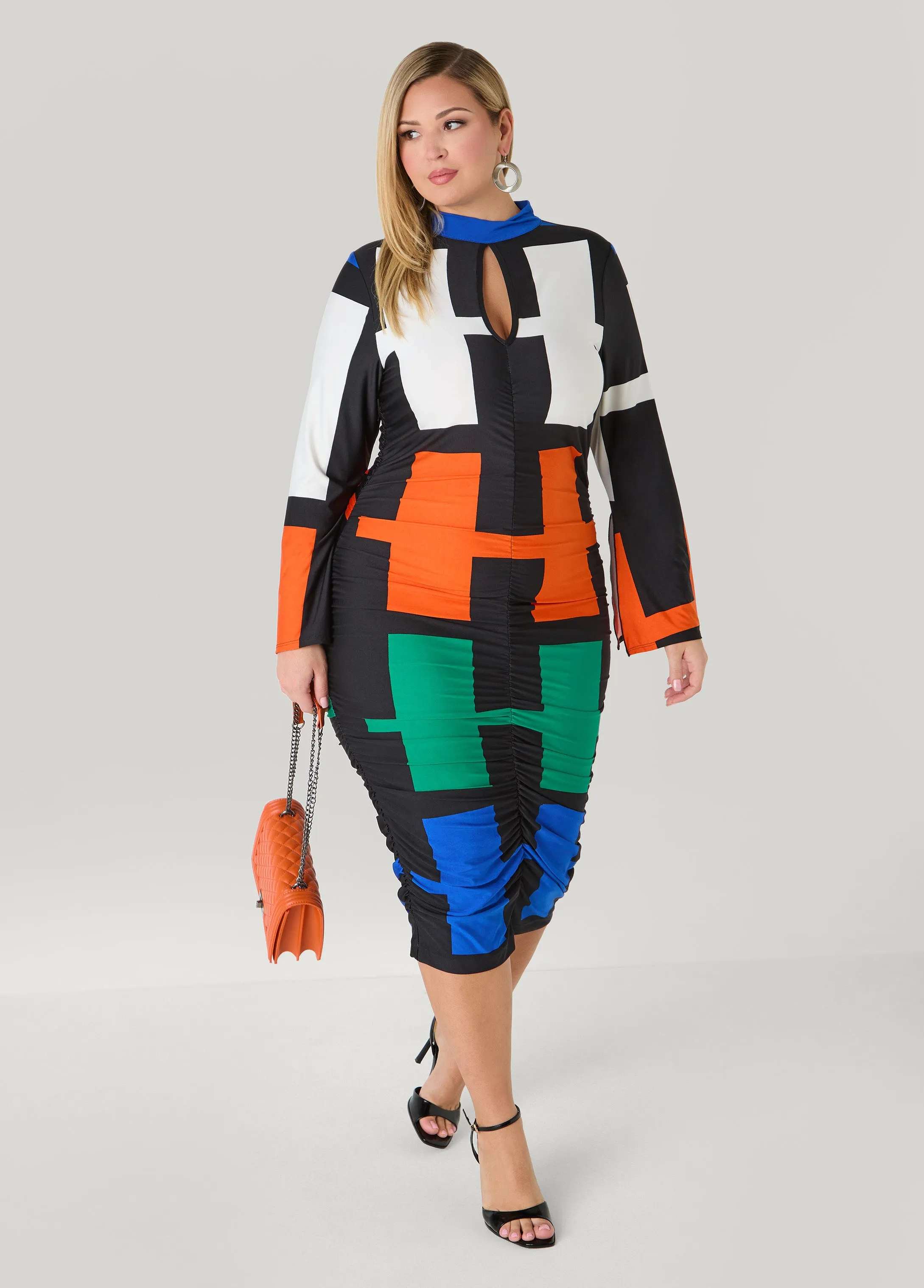 Ruched Geo Print Bodycon Dress sold by Ashley Stewart product image thumbnail 3