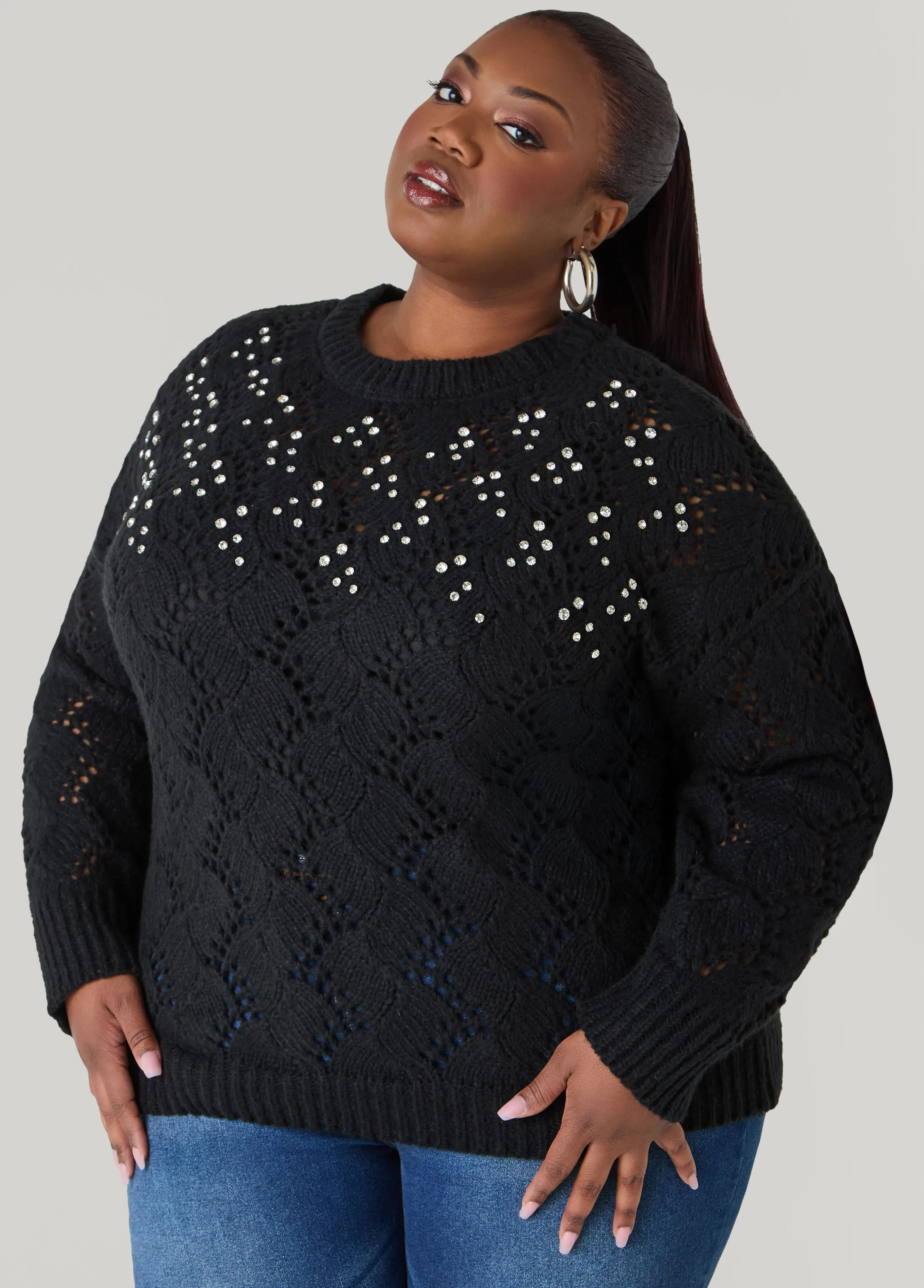 Crystal Pointelle Knit Sweater sold by Ashley Stewart