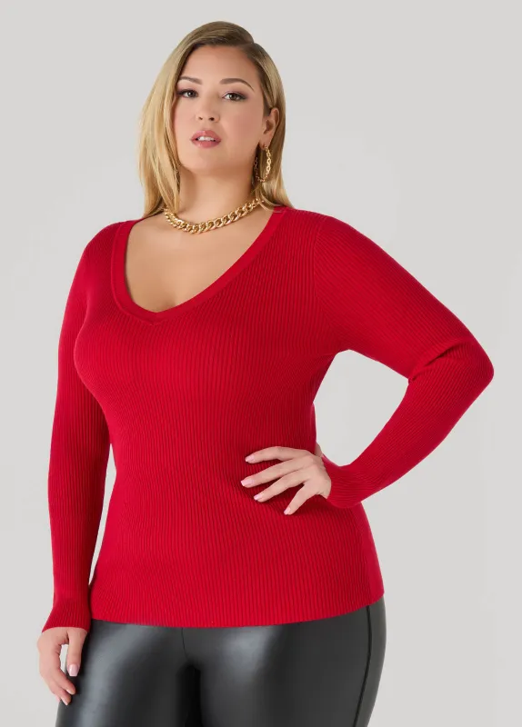 Ribbed Knit V Neck Sweater sold by Ashley Stewart