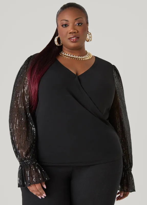 Sequin Mesh Paneled Faux Wrap Top sold by Ashley Stewart