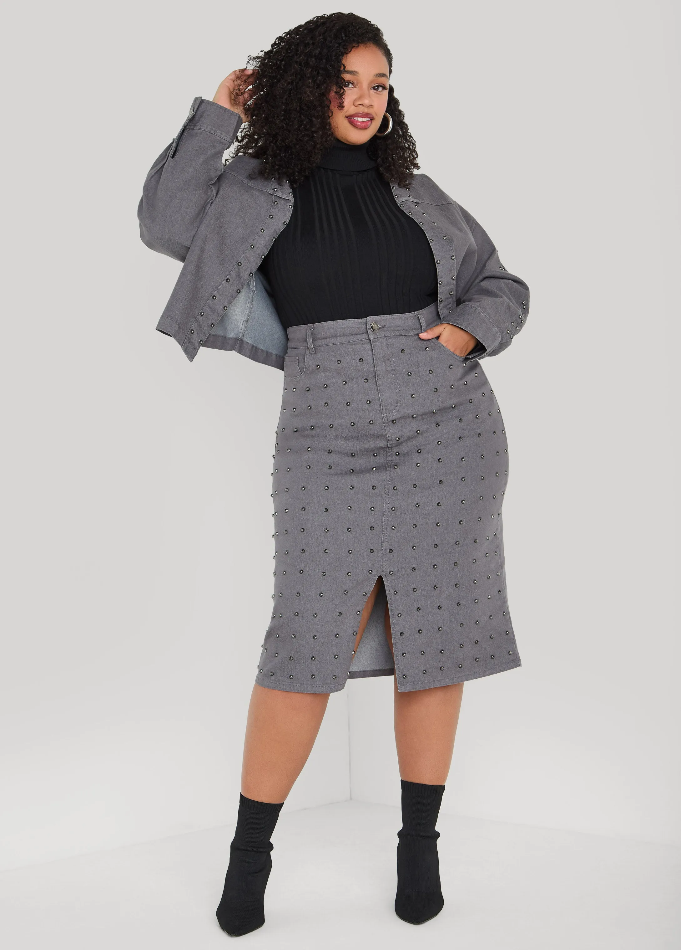 Studded Front Split Denim Skirt sold by Ashley Stewart product image thumbnail 3
