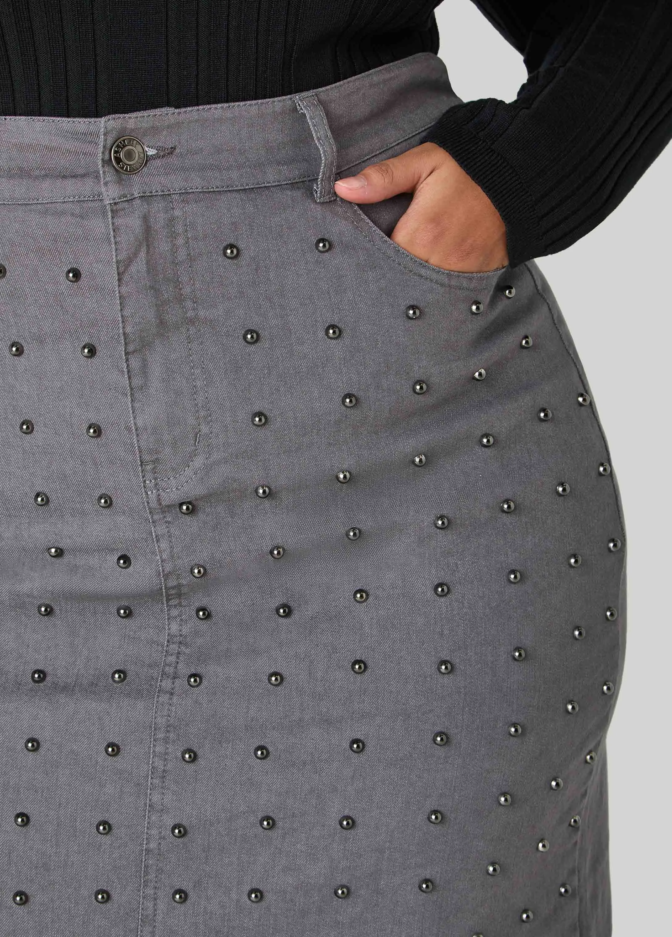 Studded Front Split Denim Skirt sold by Ashley Stewart product image thumbnail 5