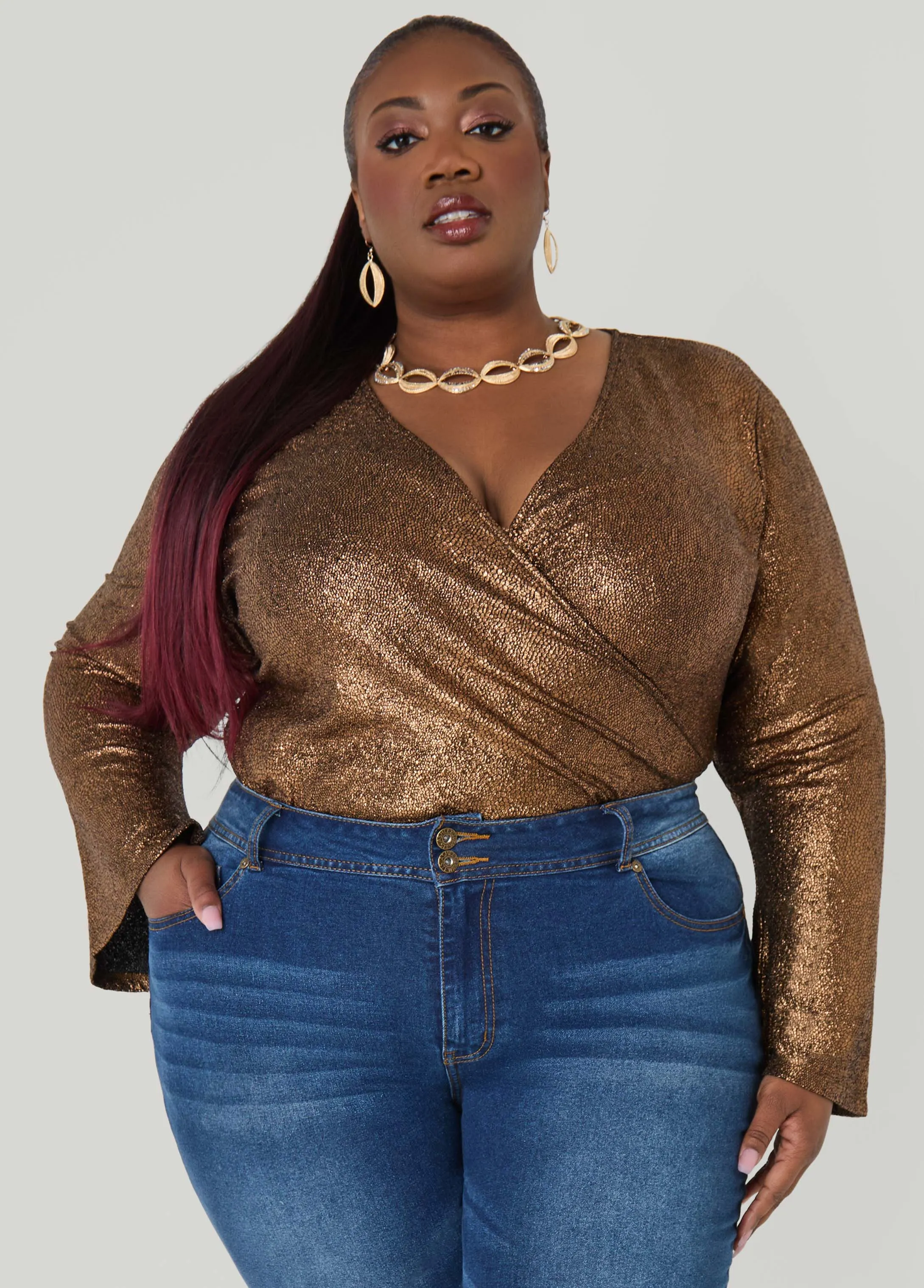 Metallic Pebbled Faux Wrap Top sold by Ashley Stewart product image thumbnail 4