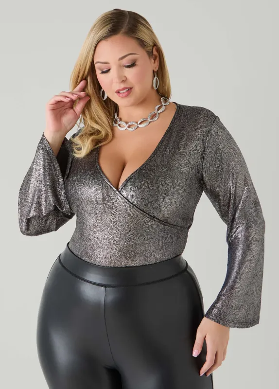 Metallic Pebbled Faux Wrap Top sold by Ashley Stewart