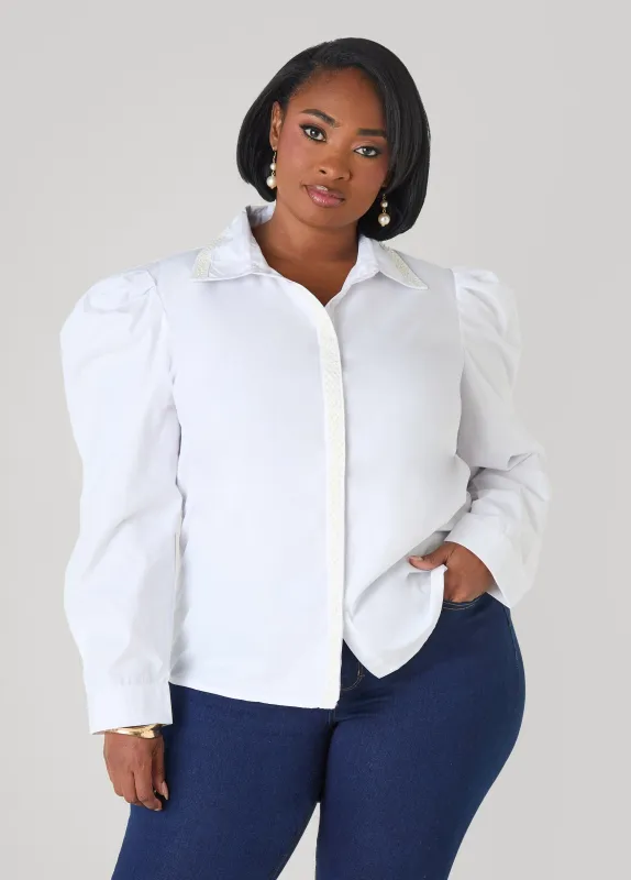 Faux Pearl Puff Sleeved Shirt sold by Ashley Stewart