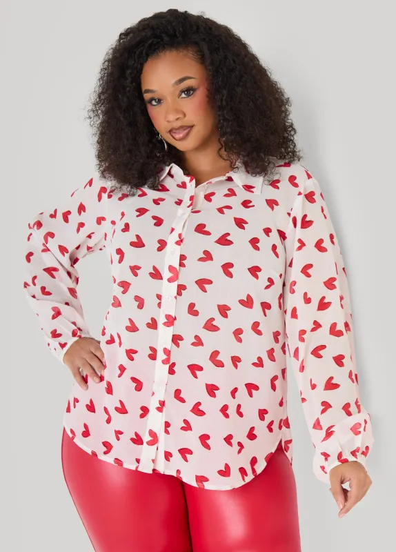 Textured Heart Print Shirt sold by Ashley Stewart