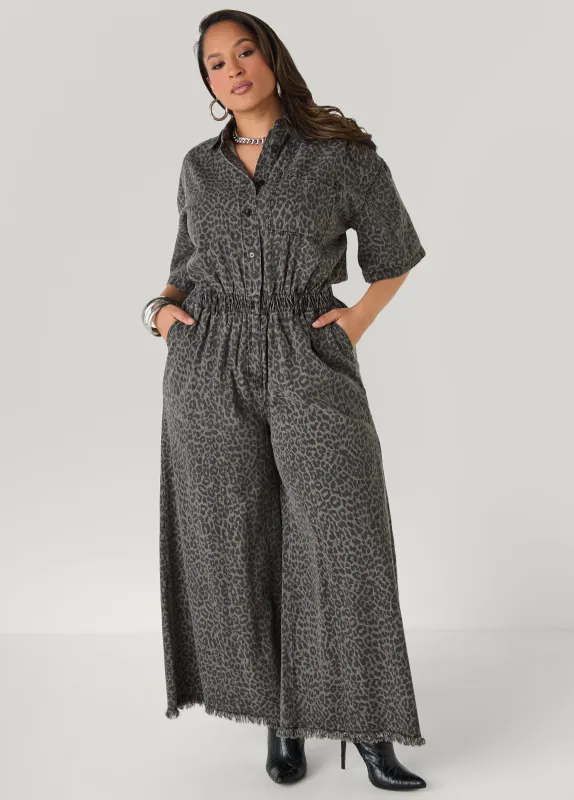 Leopard Denim Wide Leg Jumpsuit sold by Ashley Stewart