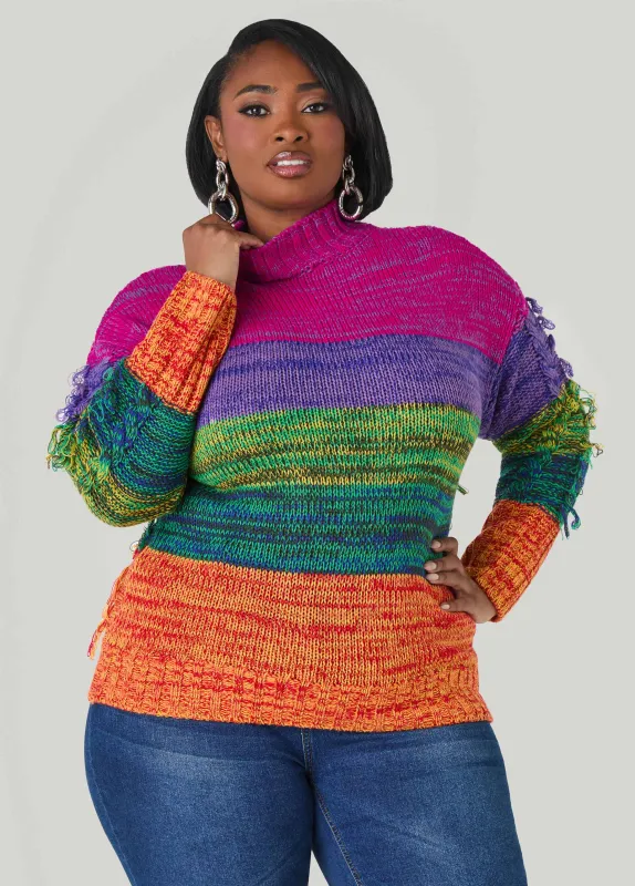 Fringed Rainbow Cable Knit Sweater sold by Ashley Stewart