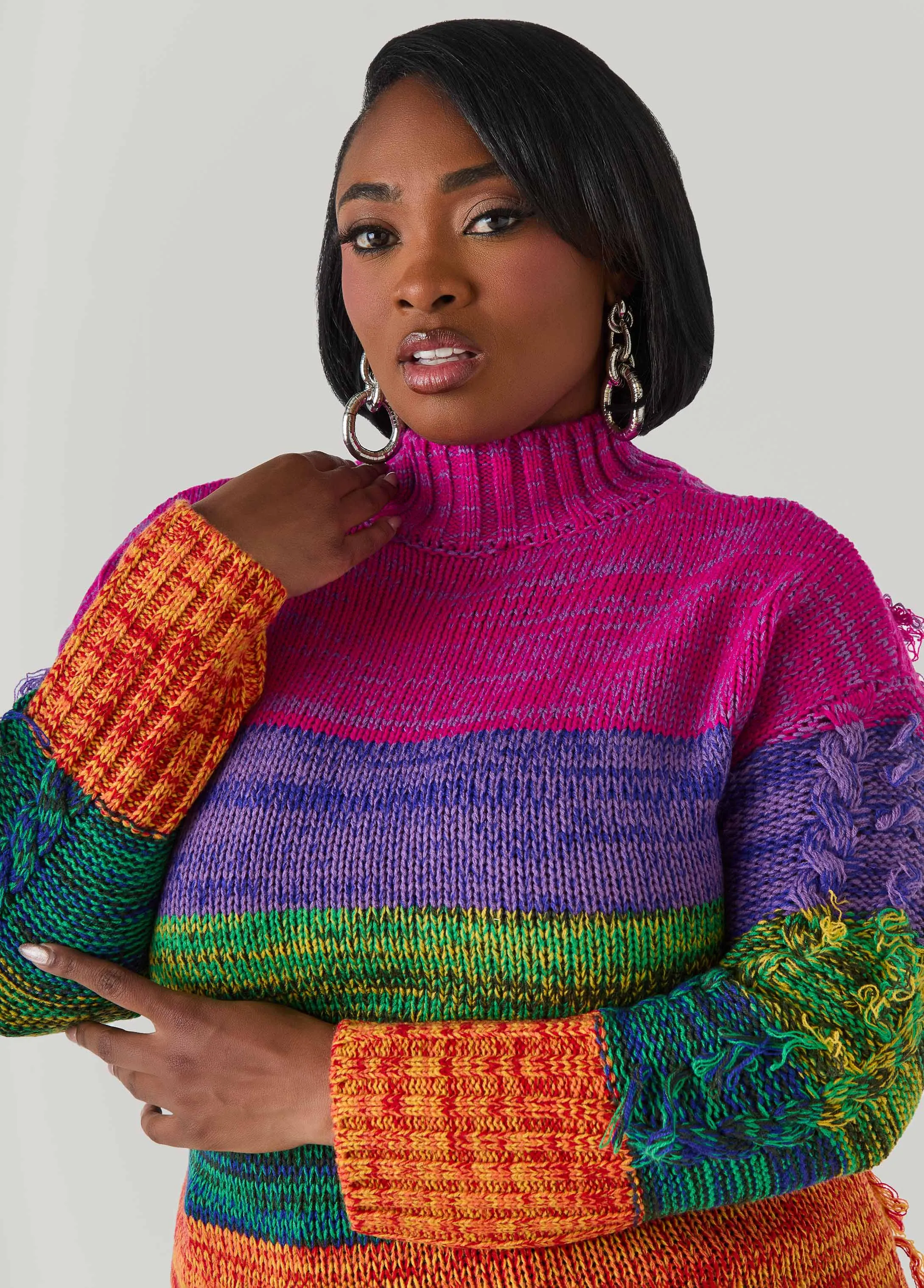 Fringed Rainbow Cable Knit Sweater sold by Ashley Stewart product image thumbnail 4