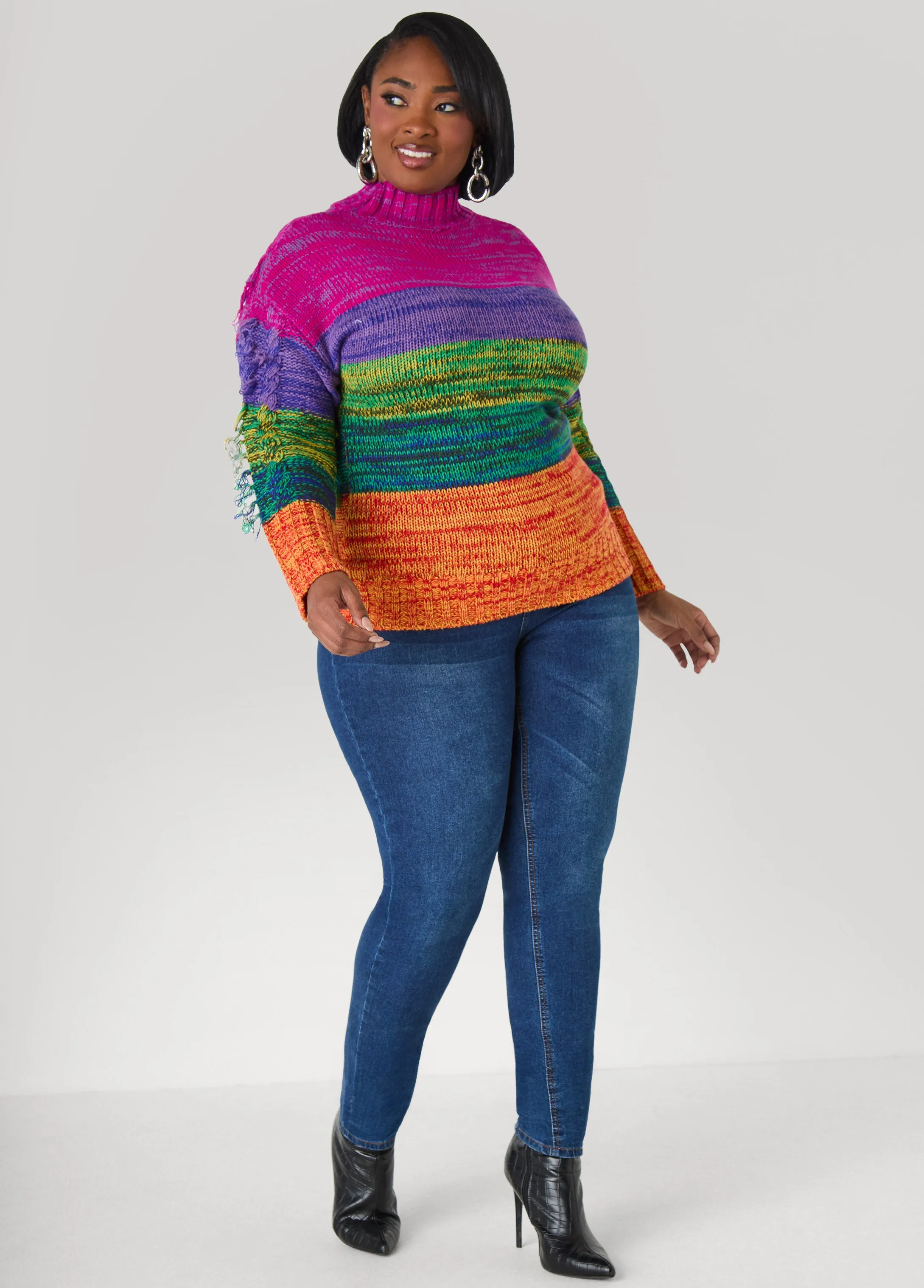 Fringed Rainbow Cable Knit Sweater sold by Ashley Stewart product image thumbnail 3