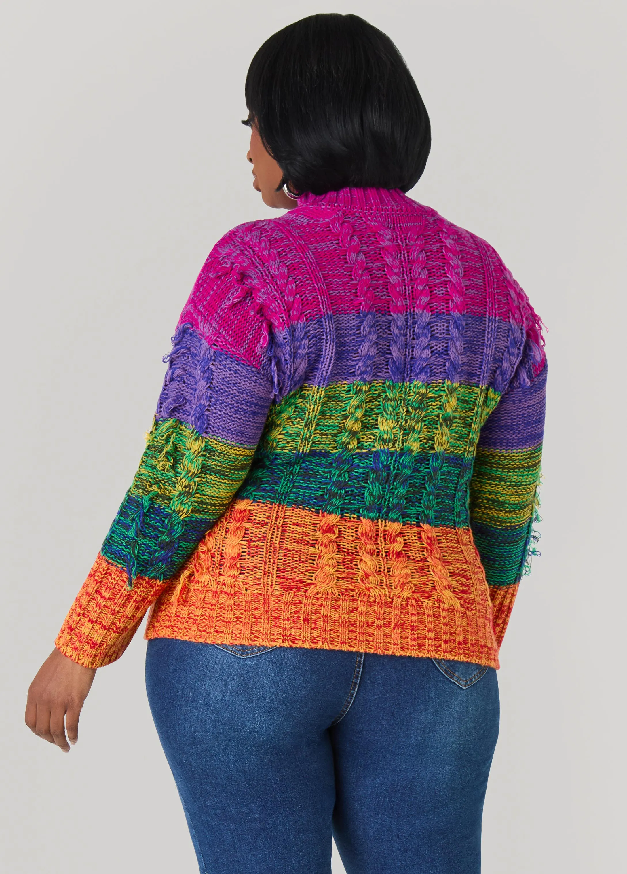 Fringed Rainbow Cable Knit Sweater sold by Ashley Stewart product image thumbnail 2