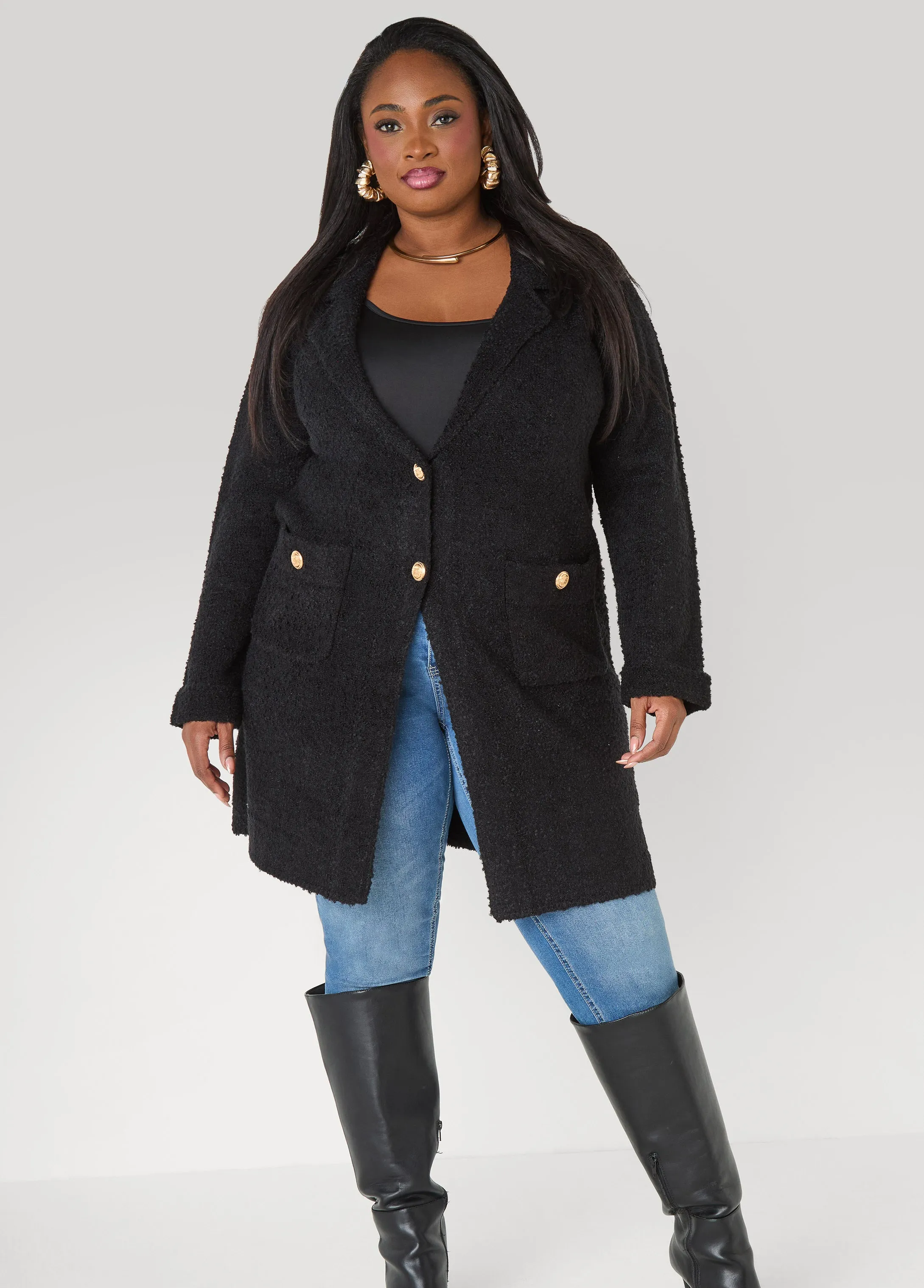 Boucle Button Front Duster sold by Ashley Stewart