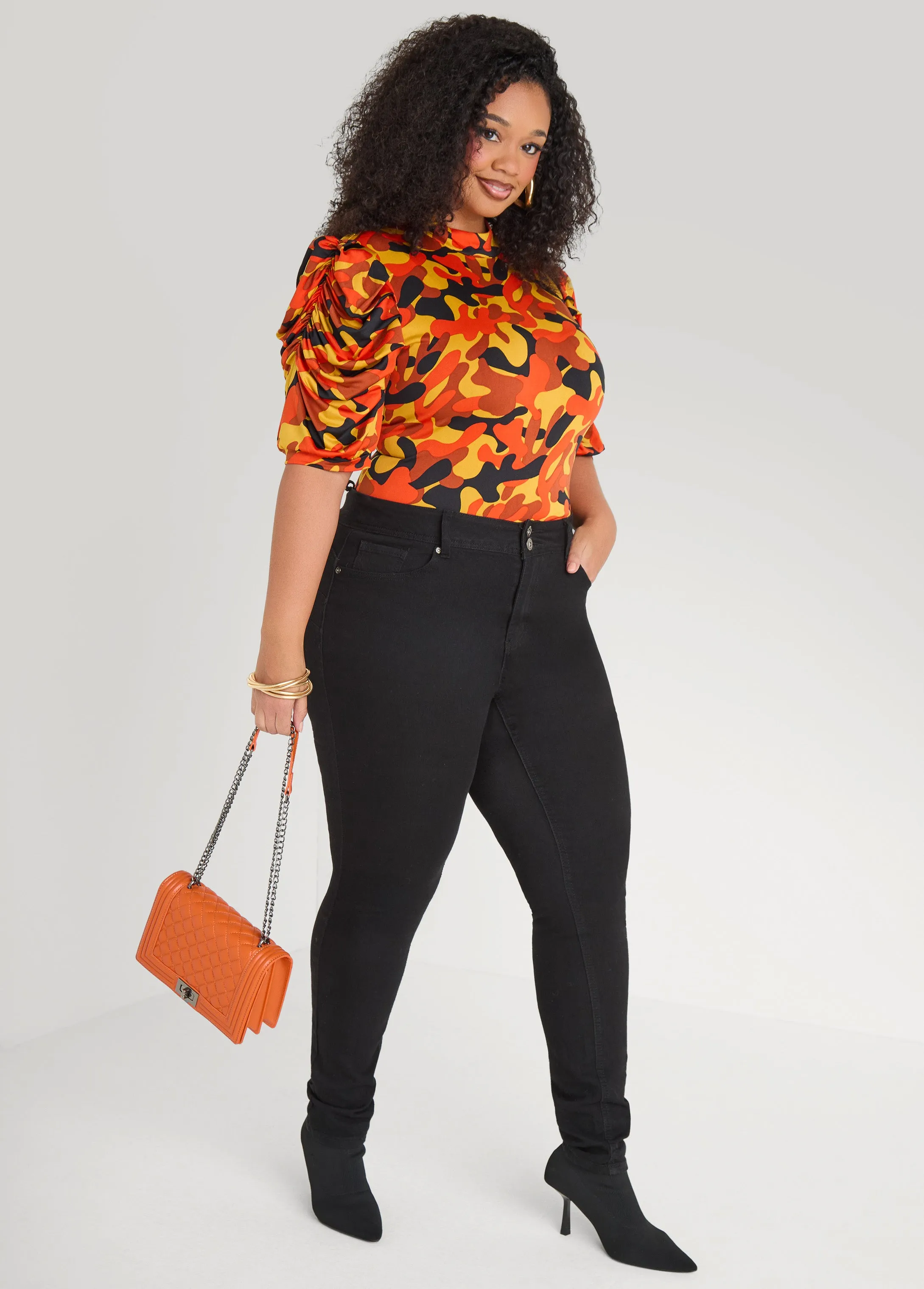 Puff Sleeved Camo Print Top sold by Ashley Stewart product image thumbnail 3