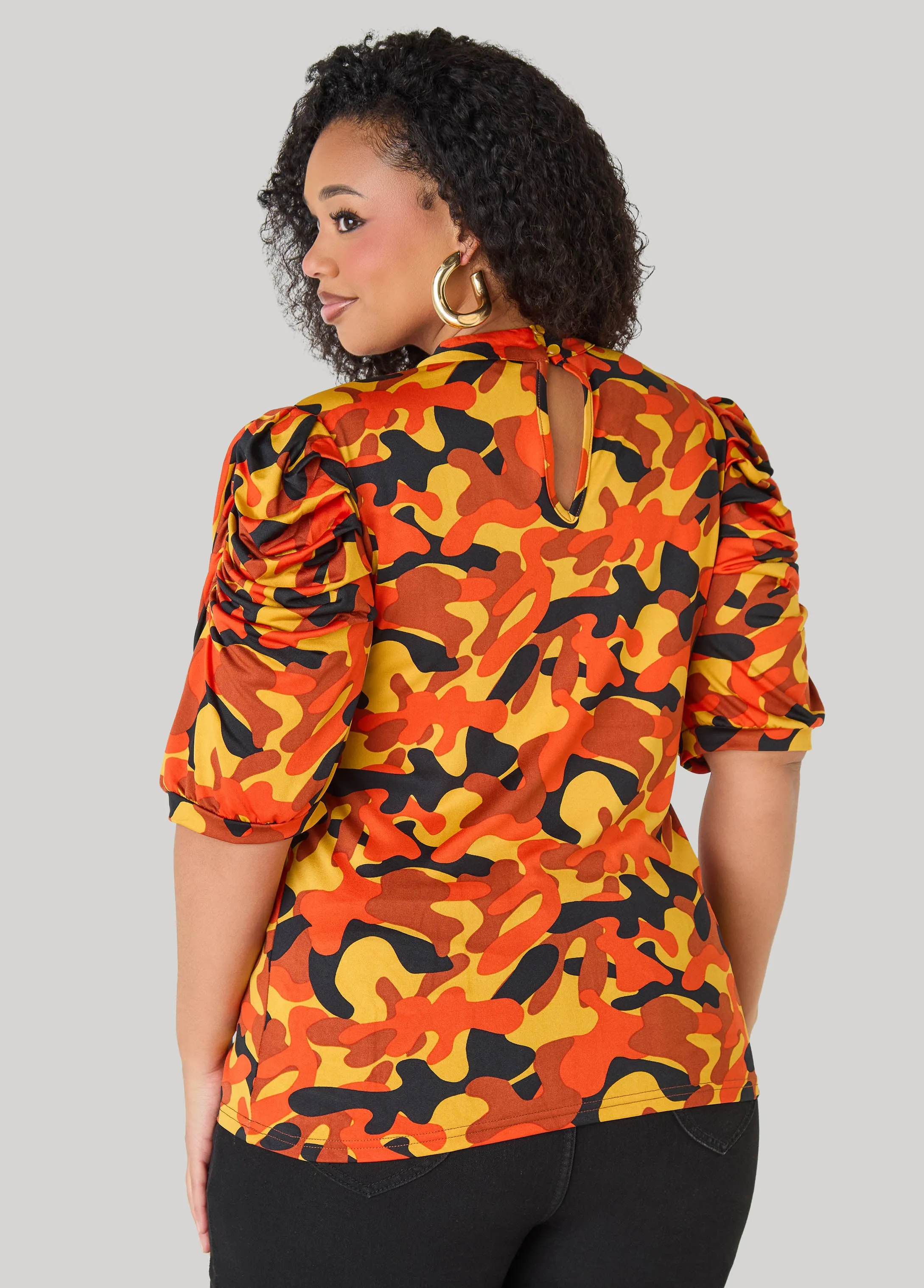 Puff Sleeved Camo Print Top sold by Ashley Stewart product image thumbnail 2