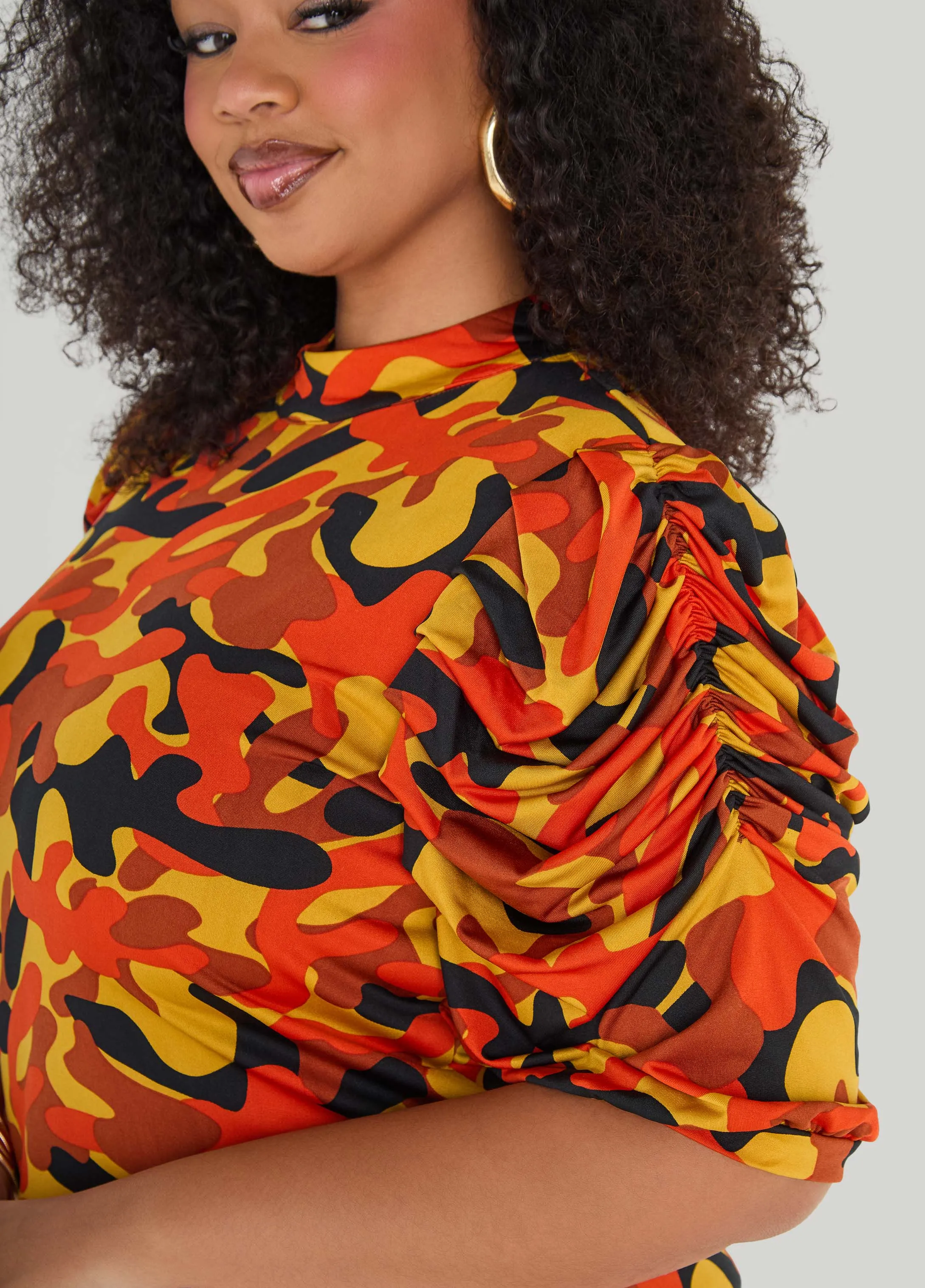 Puff Sleeved Camo Print Top sold by Ashley Stewart product image thumbnail 4