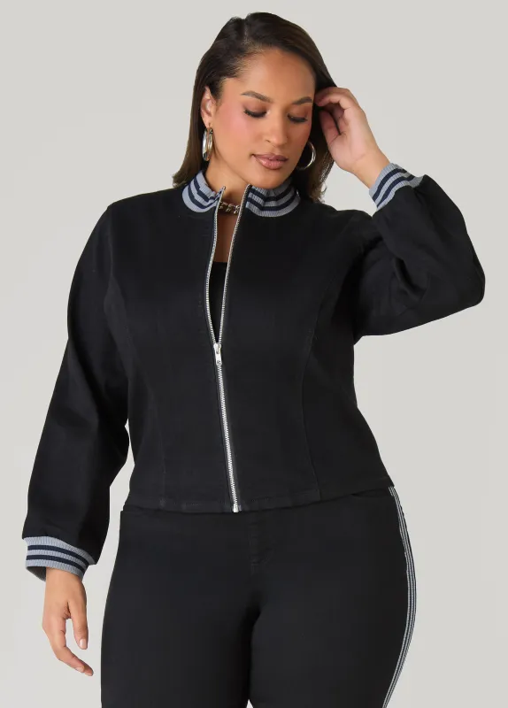 Striped Trimmed Denim Jacket sold by Ashley Stewart