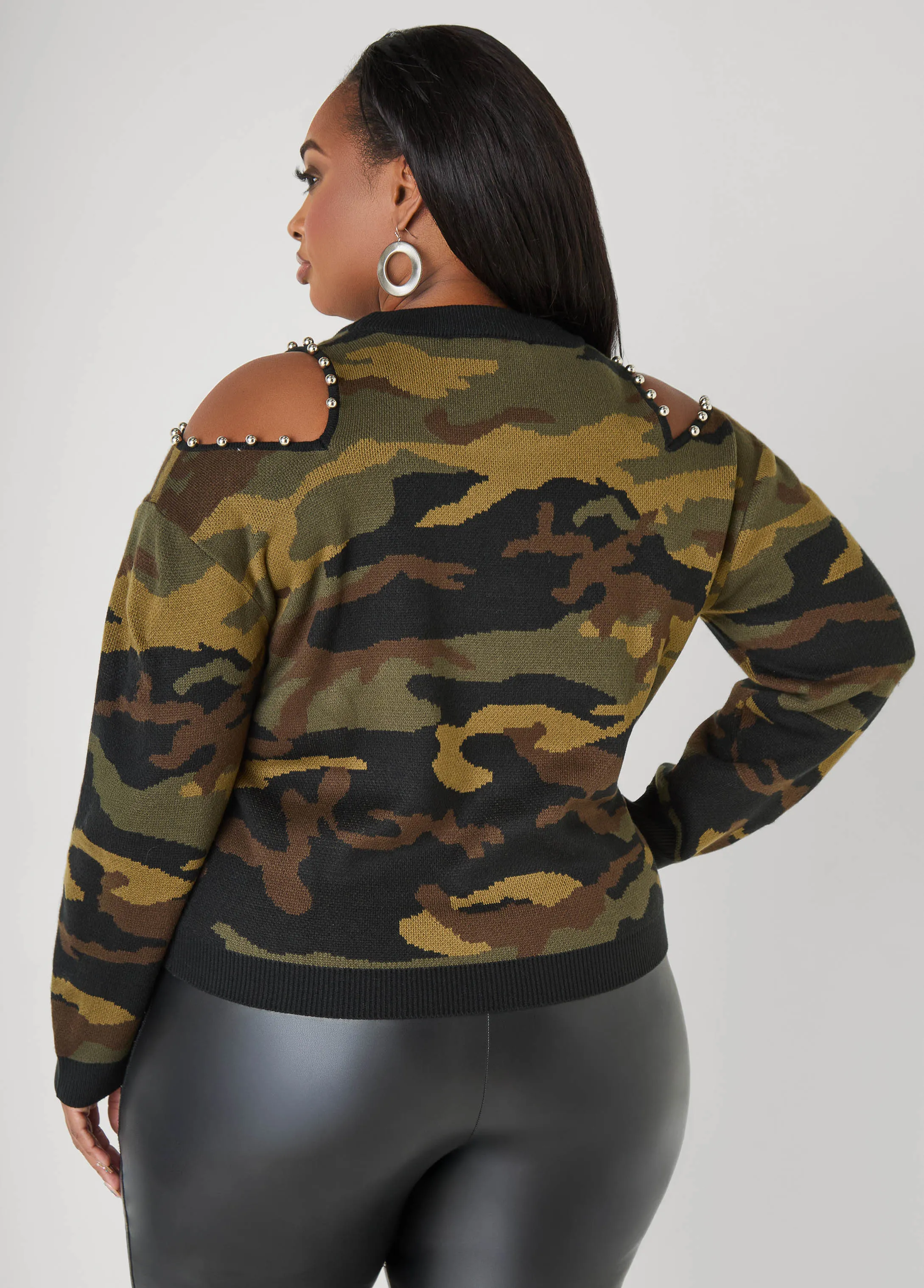 Studded Cold Shoulder Camo Sweater sold by Ashley Stewart product image thumbnail 2