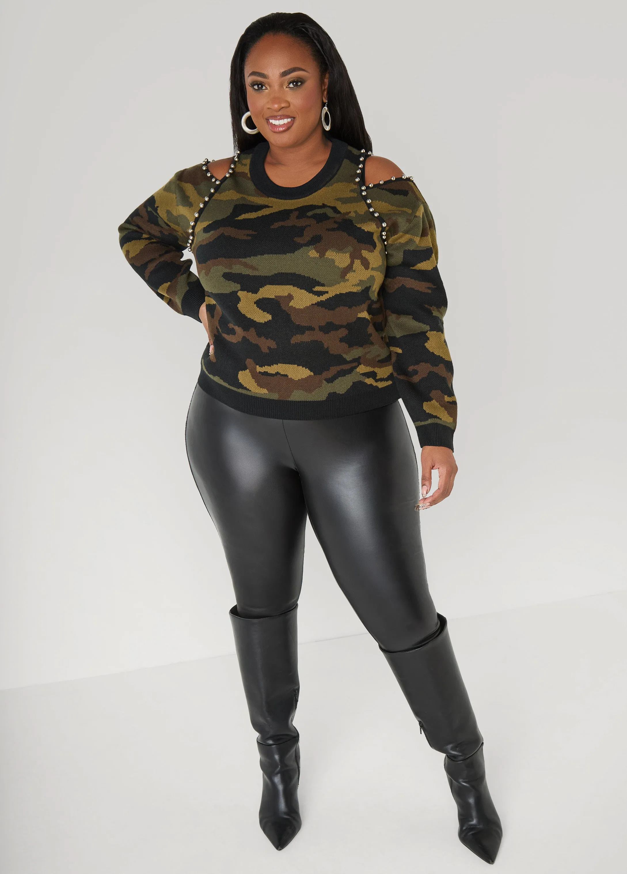 Studded Cold Shoulder Camo Sweater sold by Ashley Stewart product image thumbnail 3