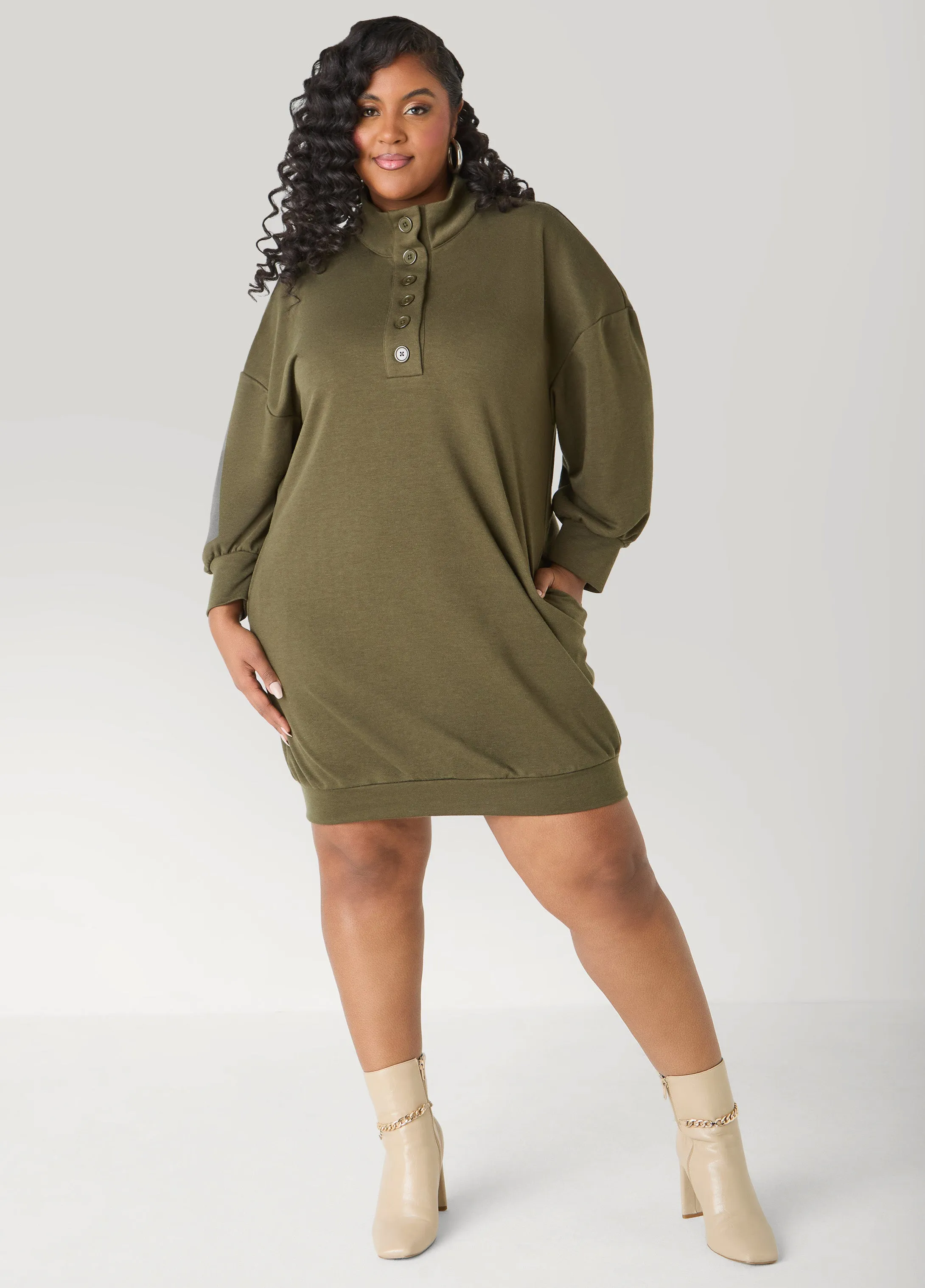 Button Front Sweatshirt Dress sold by Ashley Stewart