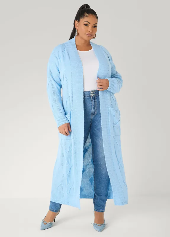 Cable Knit Open Front Duster sold by Ashley Stewart