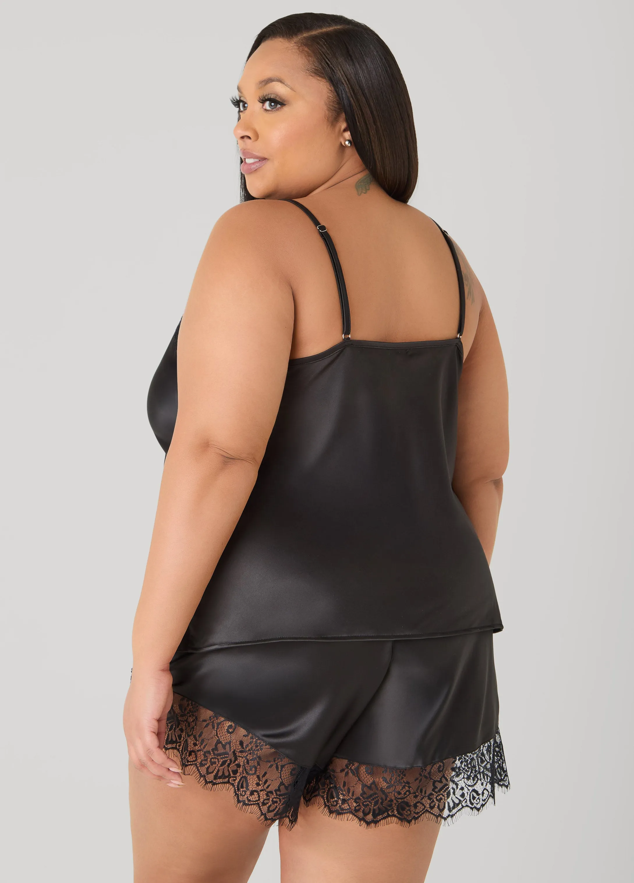 Lace Trimmed Satin PJs Shorts Set sold by Ashley Stewart product image thumbnail 2