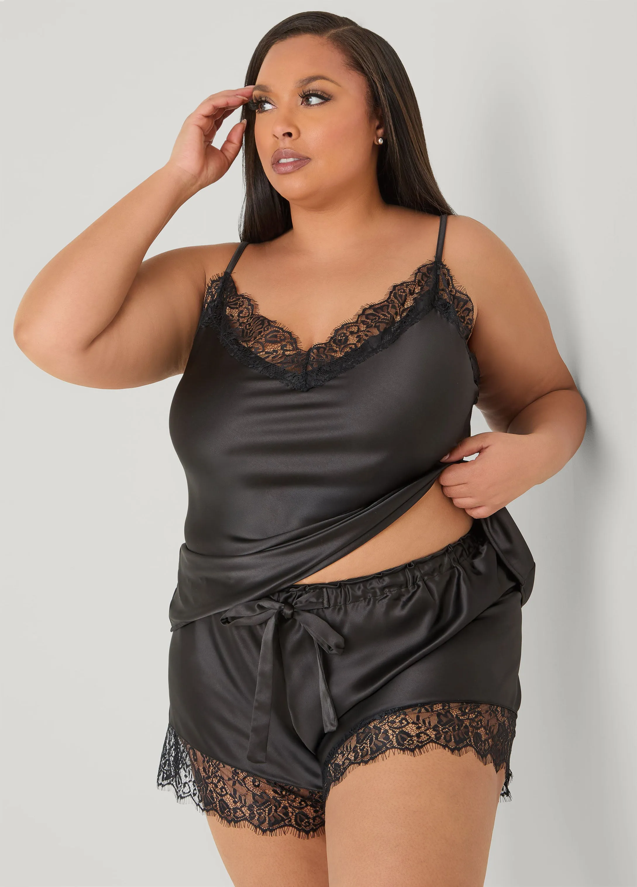 Lace Trimmed Satin PJs Shorts Set sold by Ashley Stewart product image thumbnail 3