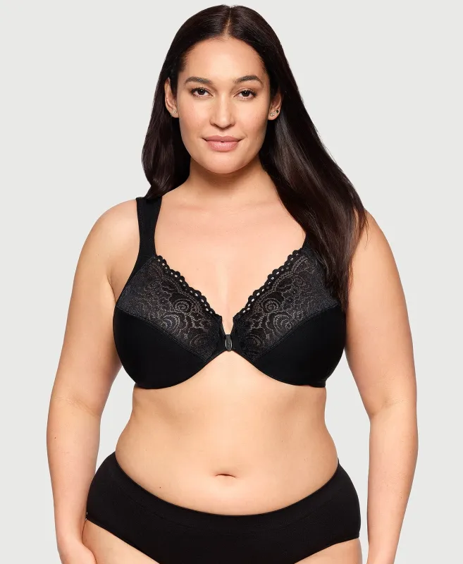 Front-Closure Posture Back WonderWire Lace Bra Black sold by Ashley Stewart