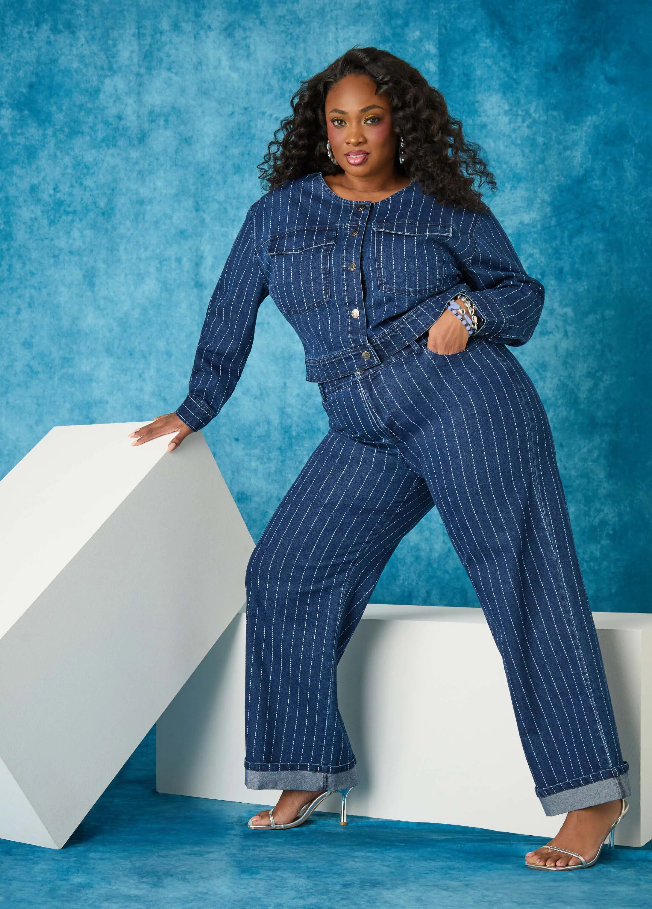Pinstriped Denim Crop Jacket sold by Ashley Stewart product image thumbnail 4