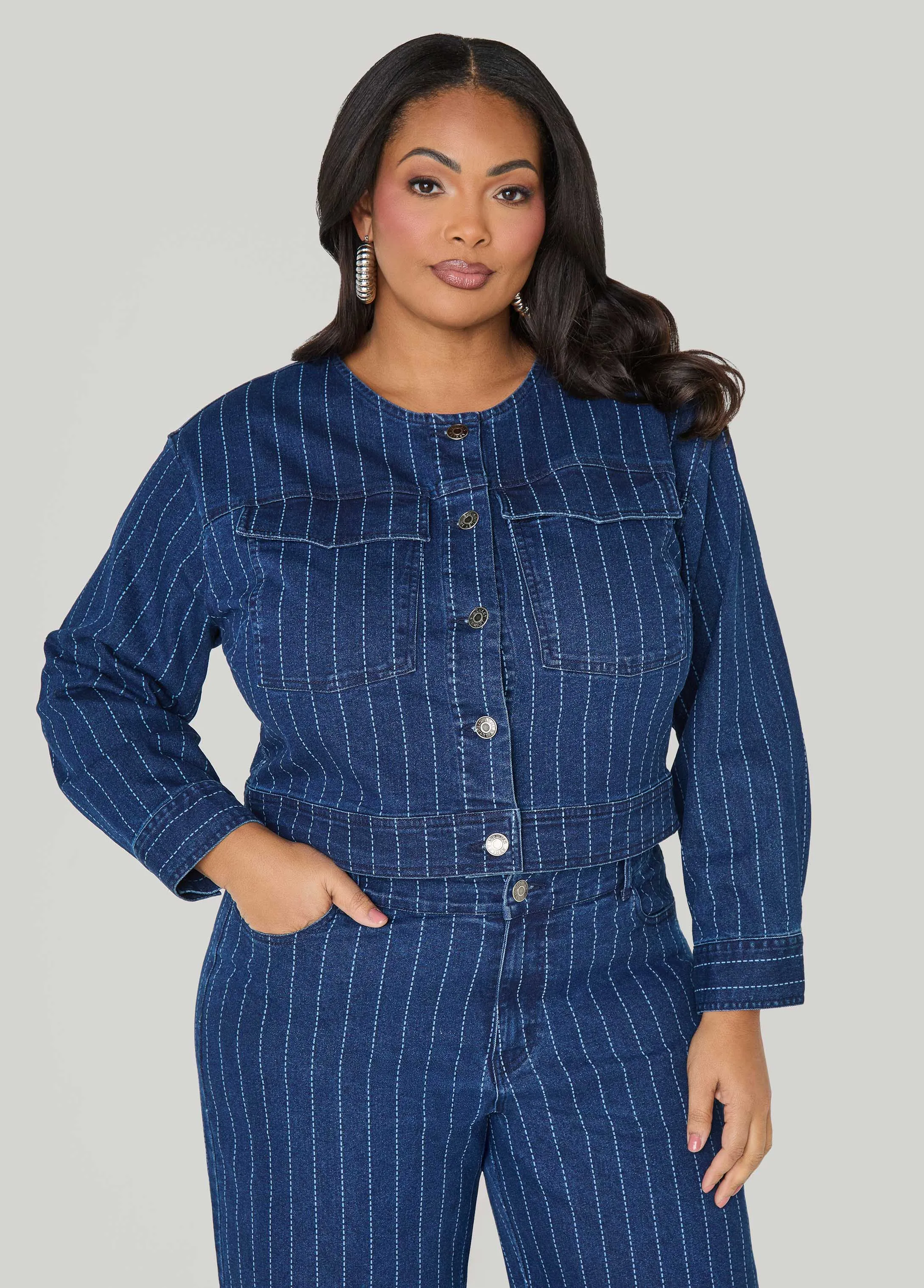 Pinstriped Denim Crop Jacket sold by Ashley Stewart product image thumbnail 5