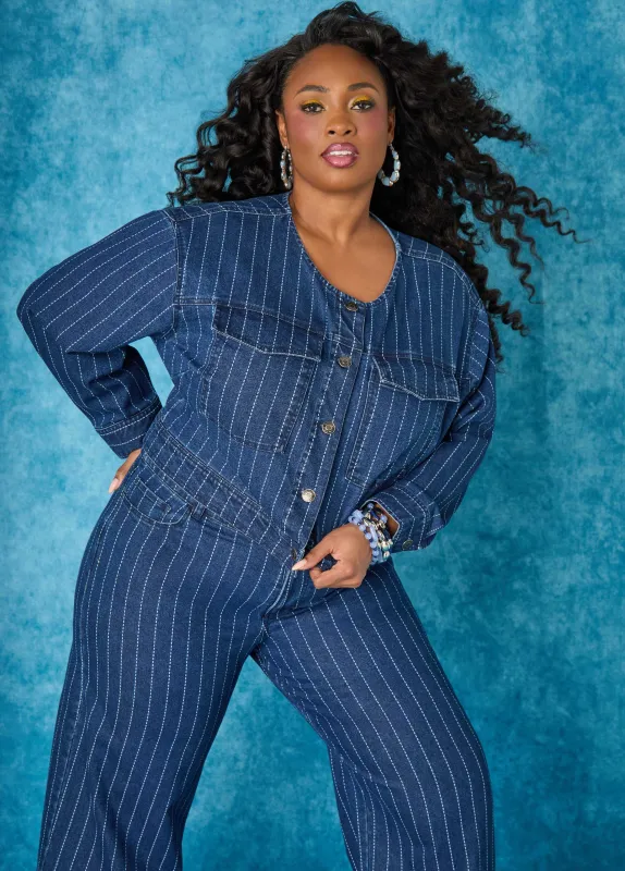 Pinstriped Denim Crop Jacket sold by Ashley Stewart
