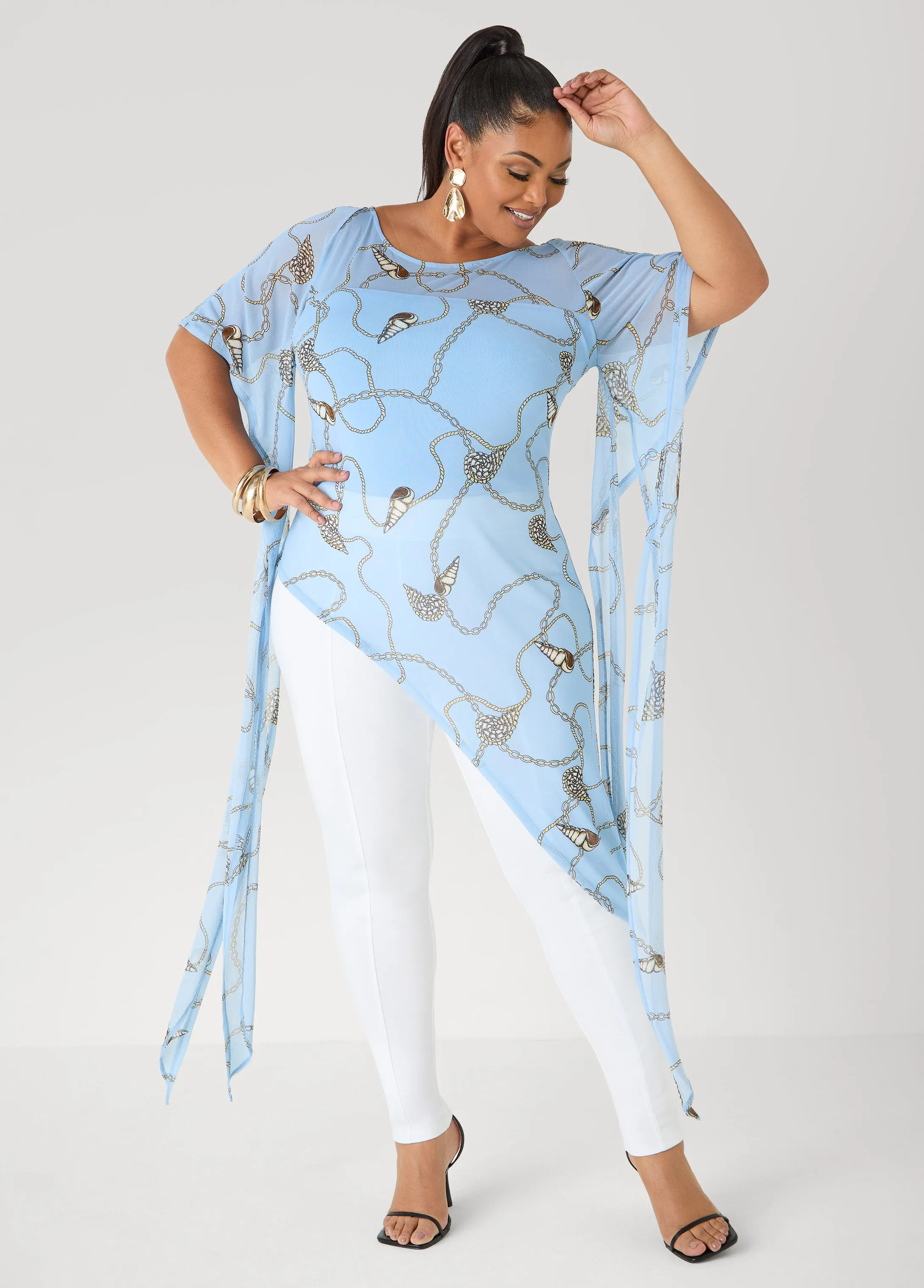 Shell Print Asymmetric Mesh Tunic sold by Ashley Stewart