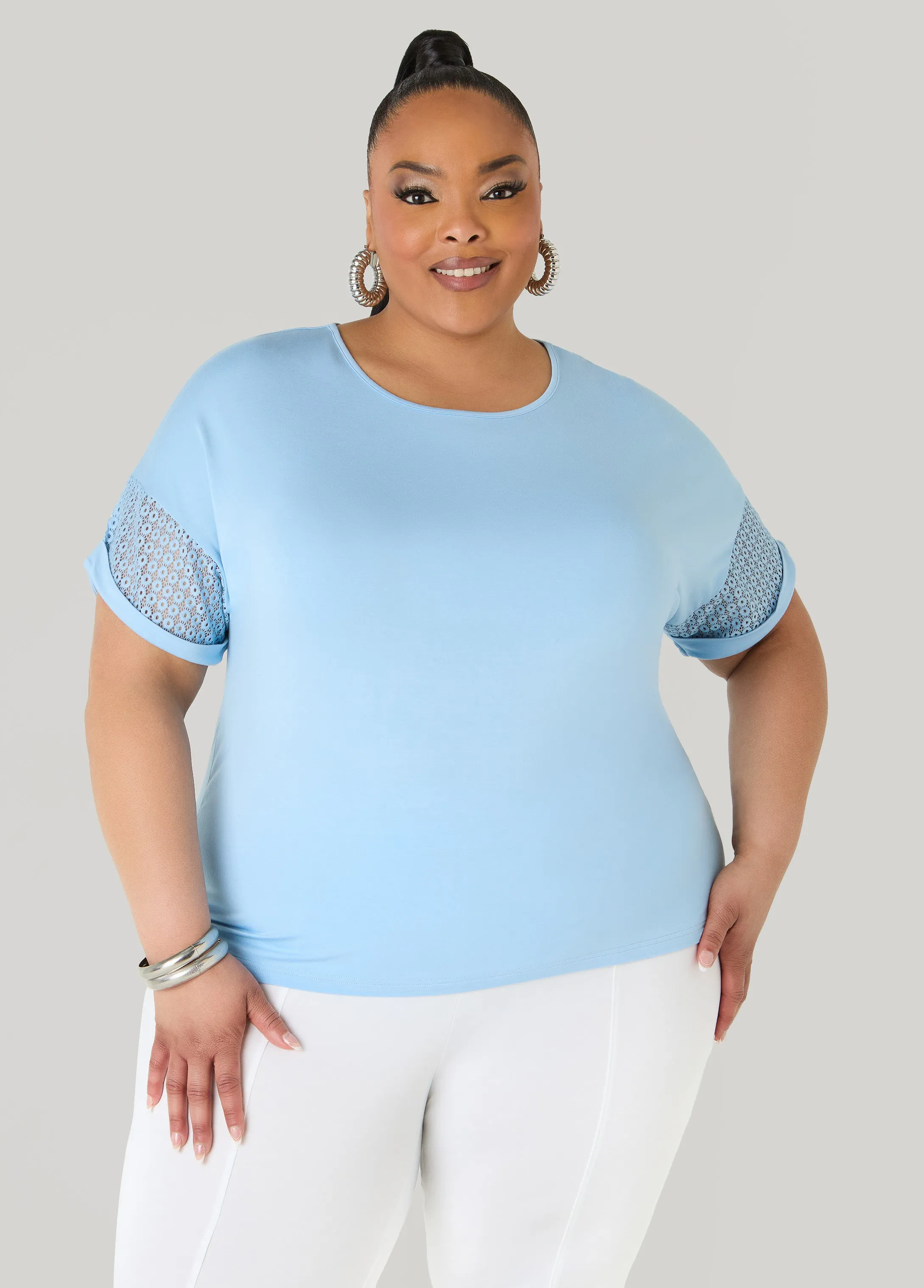Crochet Paneled T Shirt sold by Ashley Stewart
