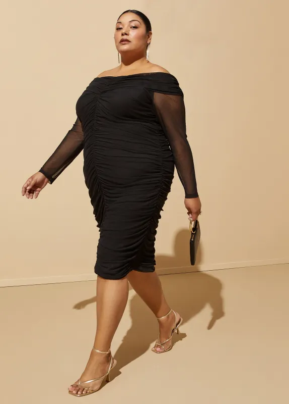 Off The Shoulder Ruched Mesh Dress made by Ashley Stewart