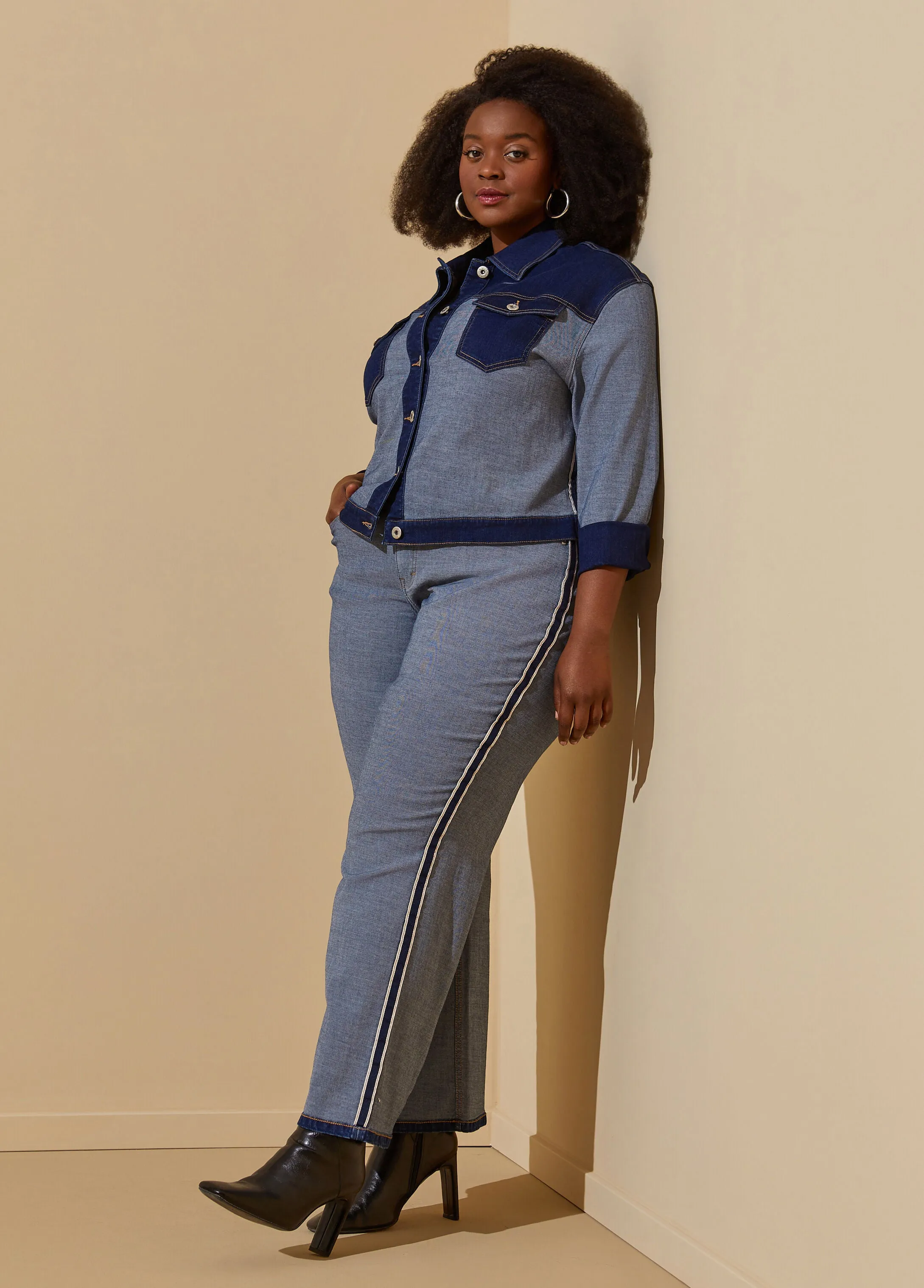 Two Tone Stretch Denim Jacket sold by Ashley Stewart product image thumbnail 4