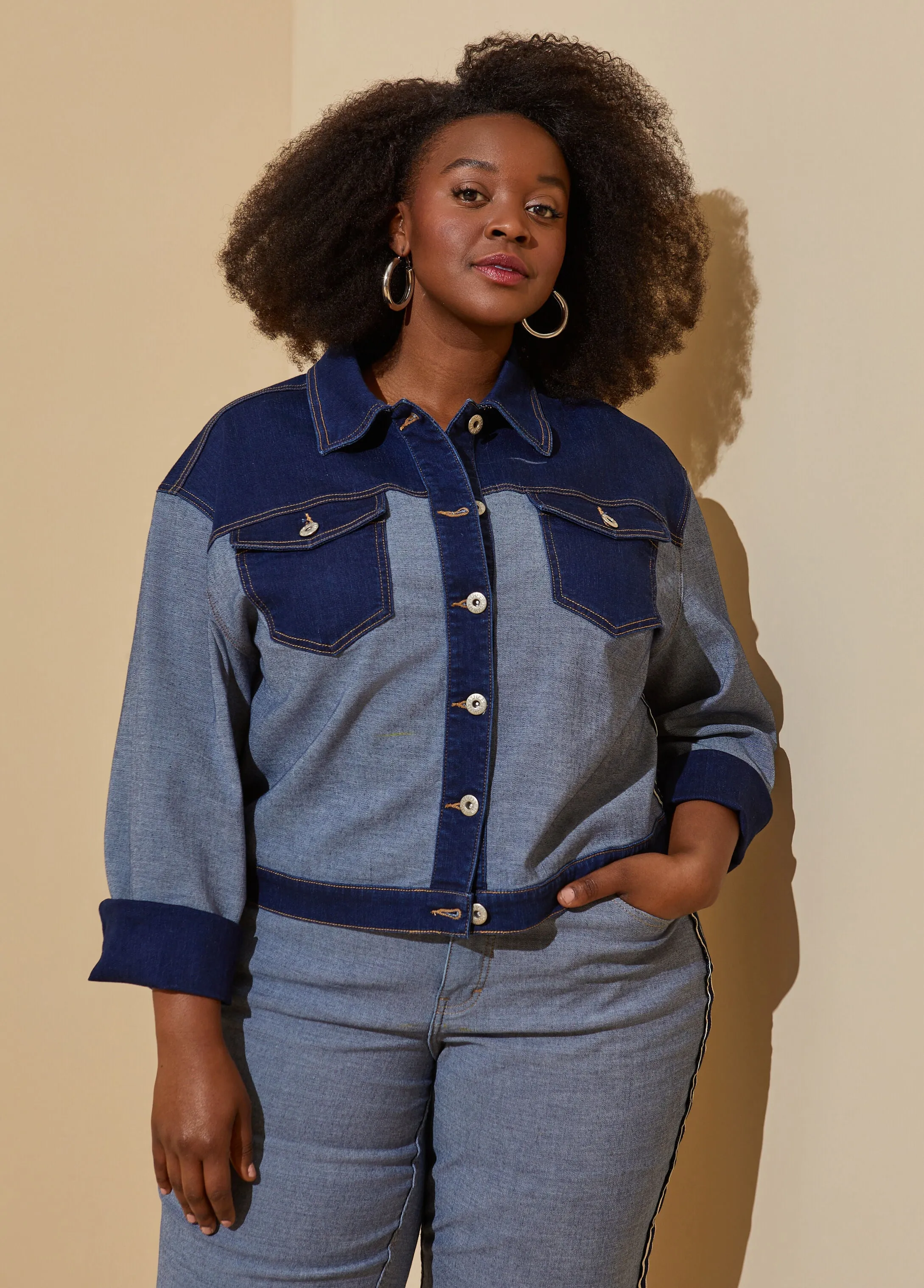 Two Tone Stretch Denim Jacket sold by Ashley Stewart product image thumbnail 3