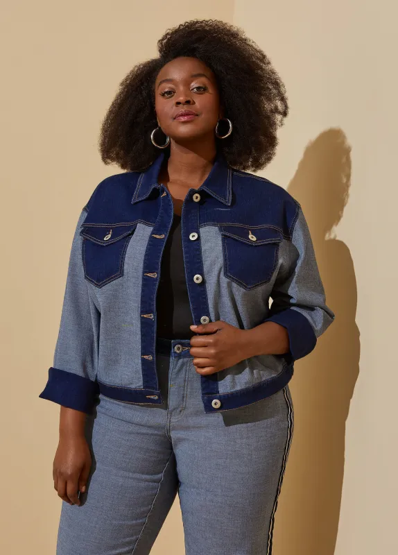 Two Tone Stretch Denim Jacket sold by Ashley Stewart