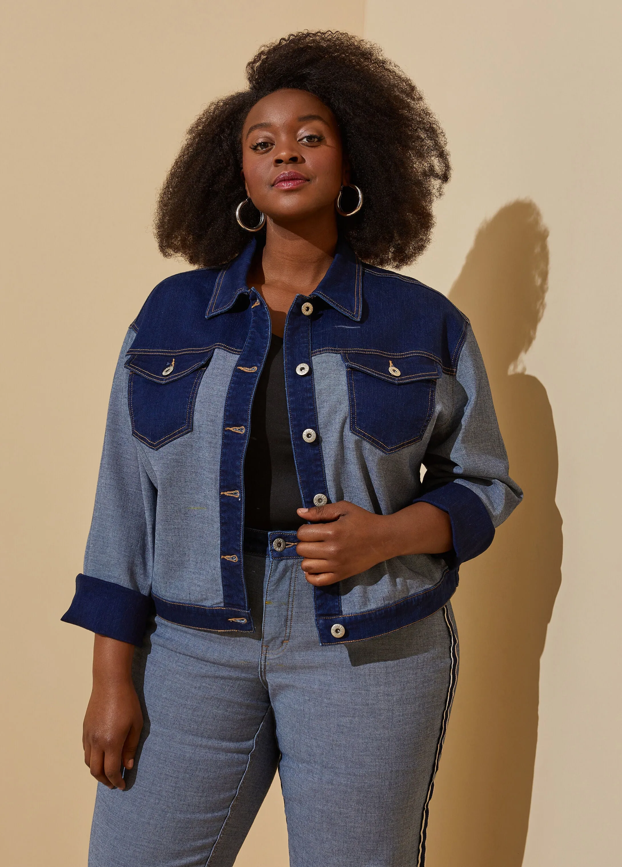 Two Tone Stretch Denim Jacket sold by Ashley Stewart