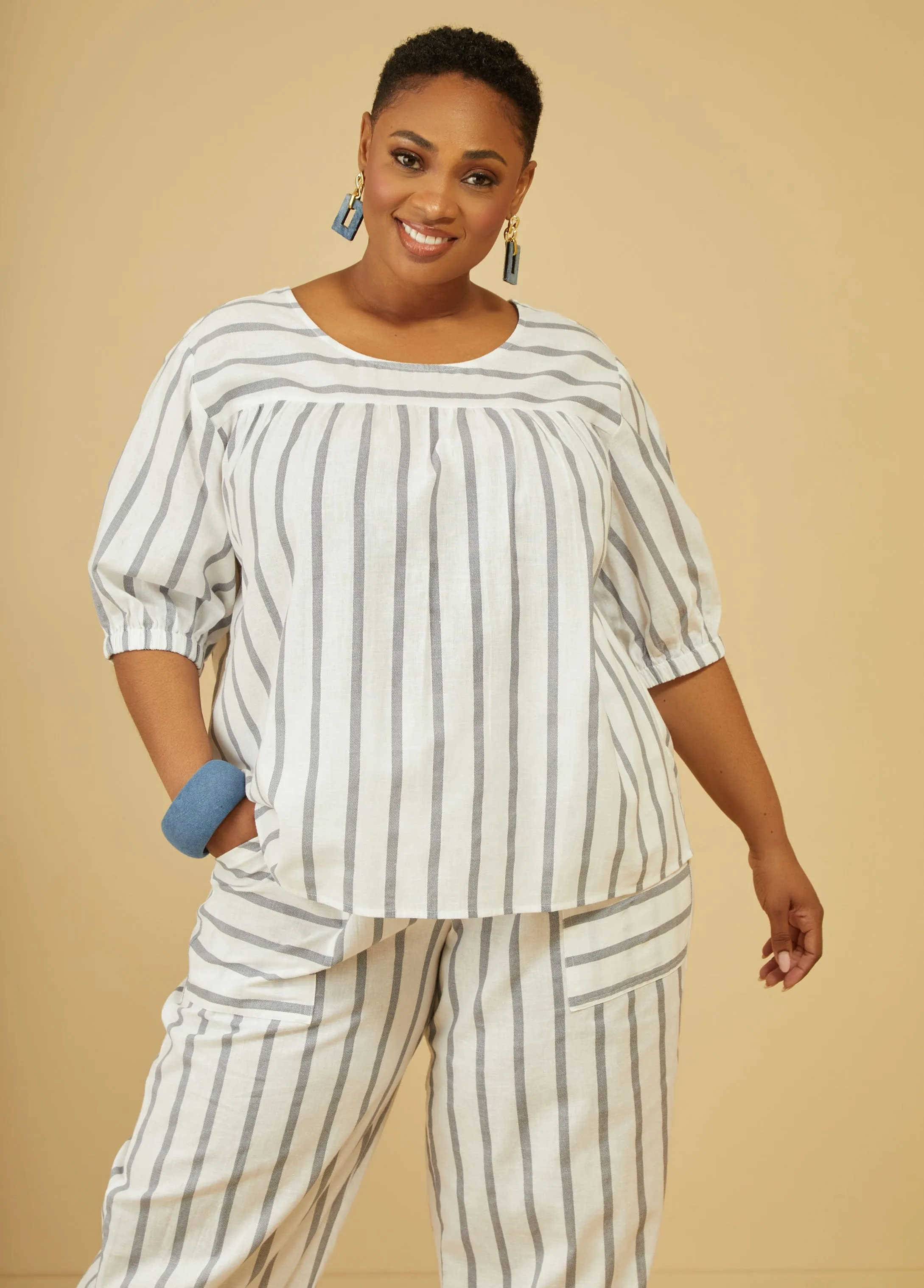 Striped Linen Blend Top sold by Ashley Stewart