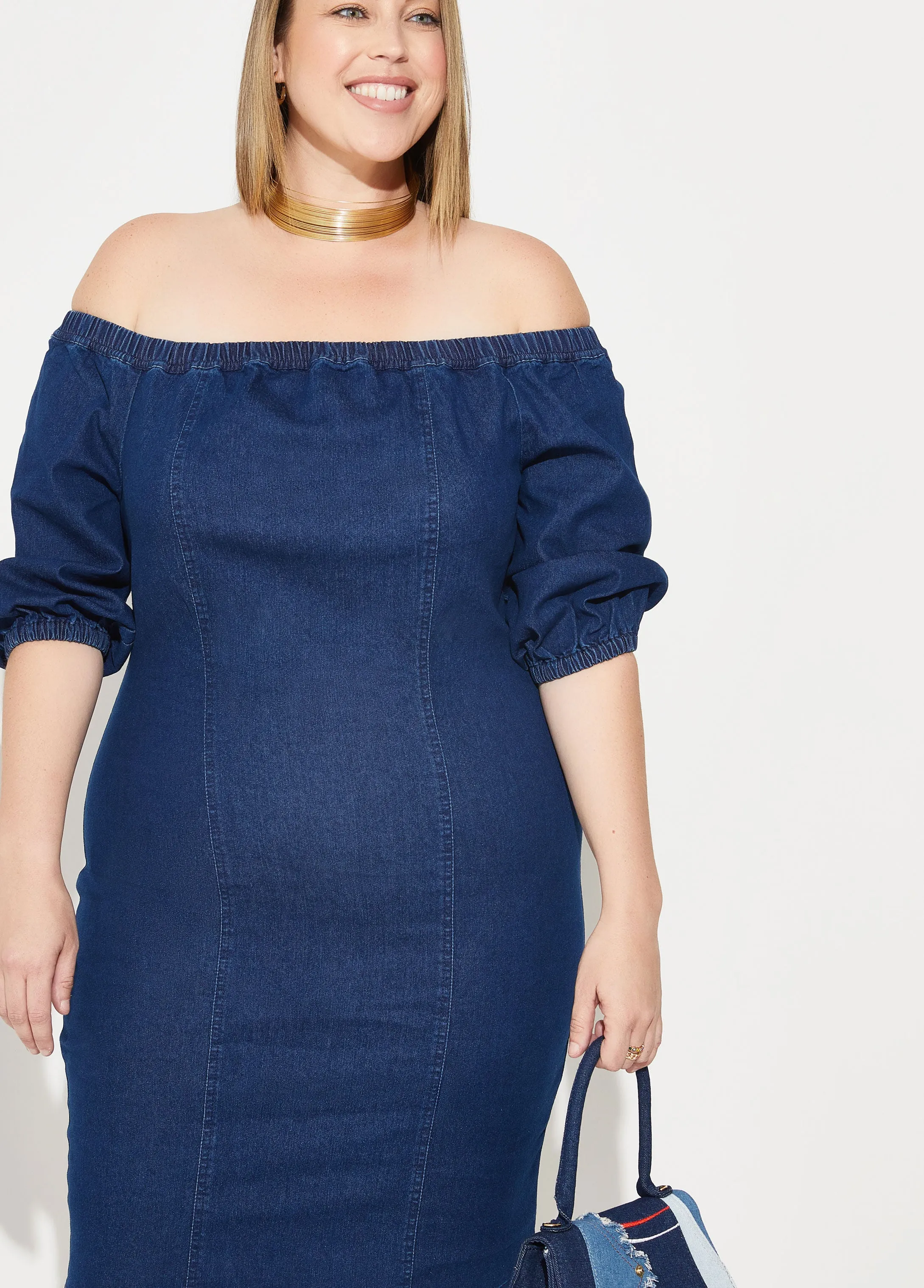 Denim Off The Shoulder Dress sold by Ashley Stewart product image thumbnail 3