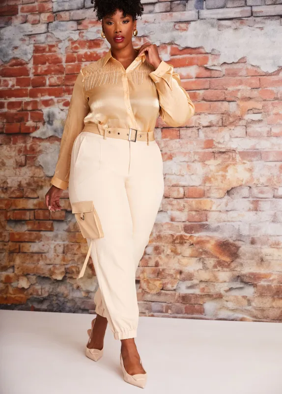 Belted Two Tone Cargo Joggers made by Ashley Stewart