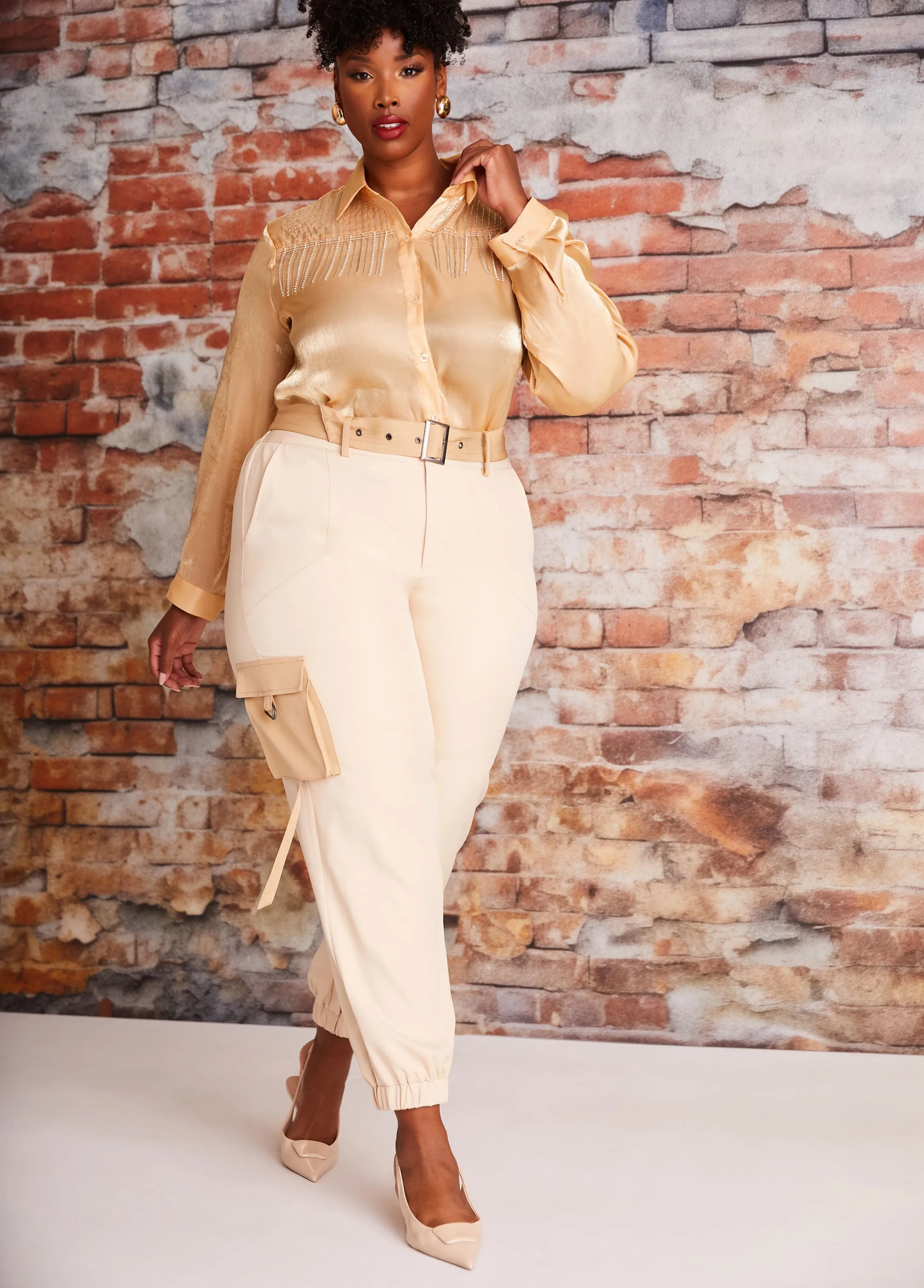 Belted Two Tone Cargo Joggers sold by Ashley Stewart