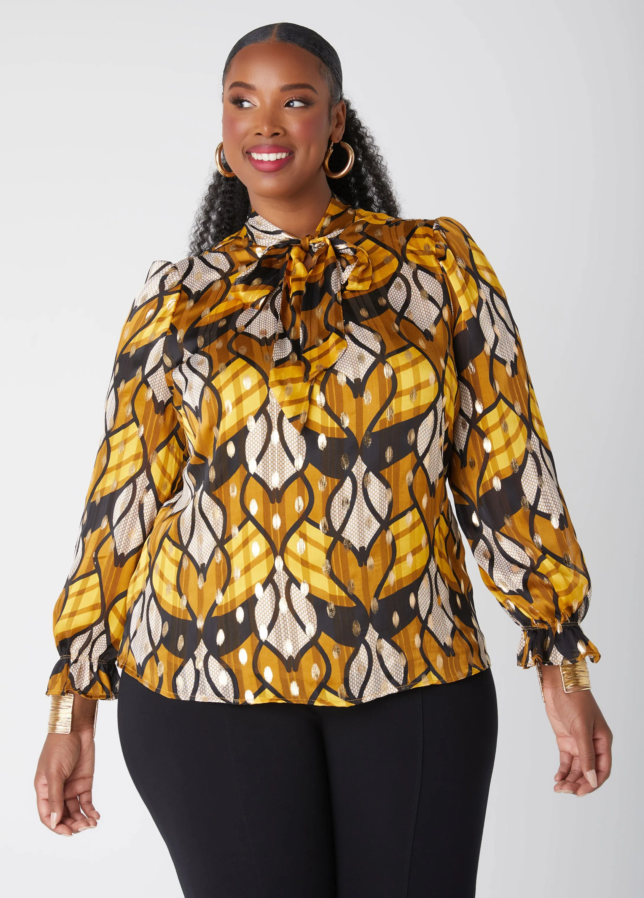 Neck Tie Metallic Printed Blouse sold by Ashley Stewart