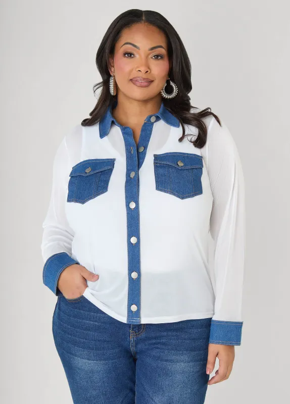 Denim Paneled Mesh Shirt made by Ashley Stewart