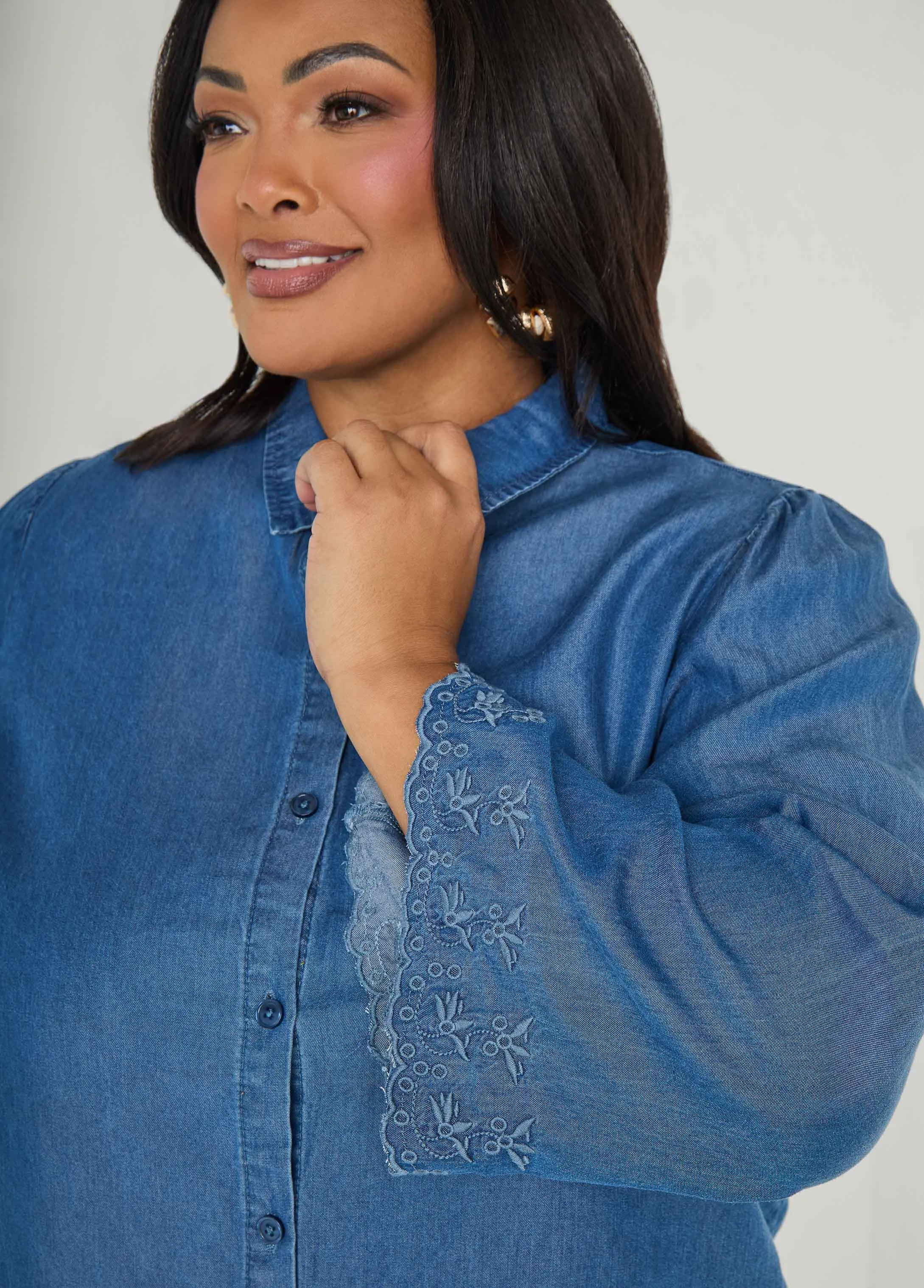 Embroidered Eyelet Chambray Shirt sold by Ashley Stewart product image thumbnail 4