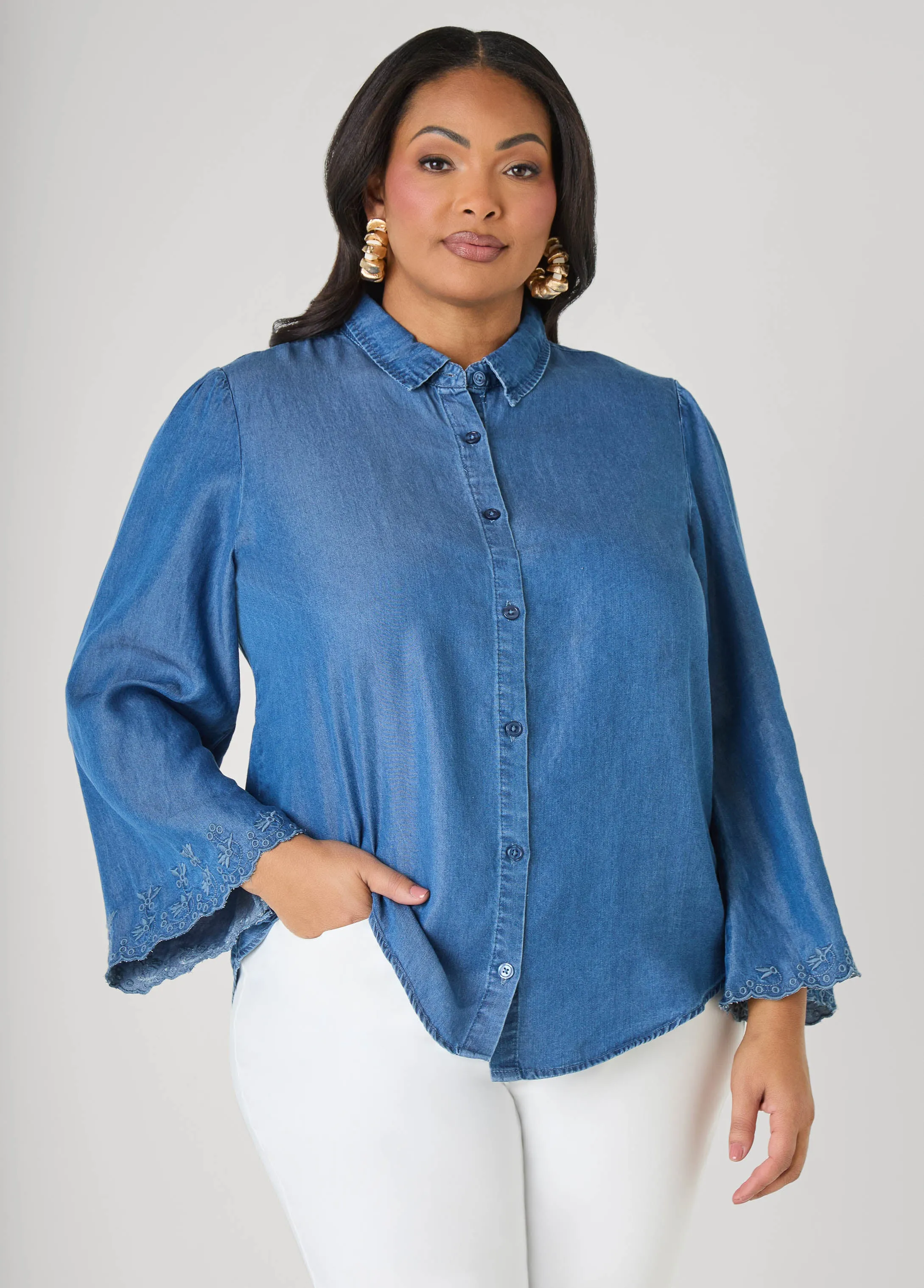 Embroidered Eyelet Chambray Shirt sold by Ashley Stewart