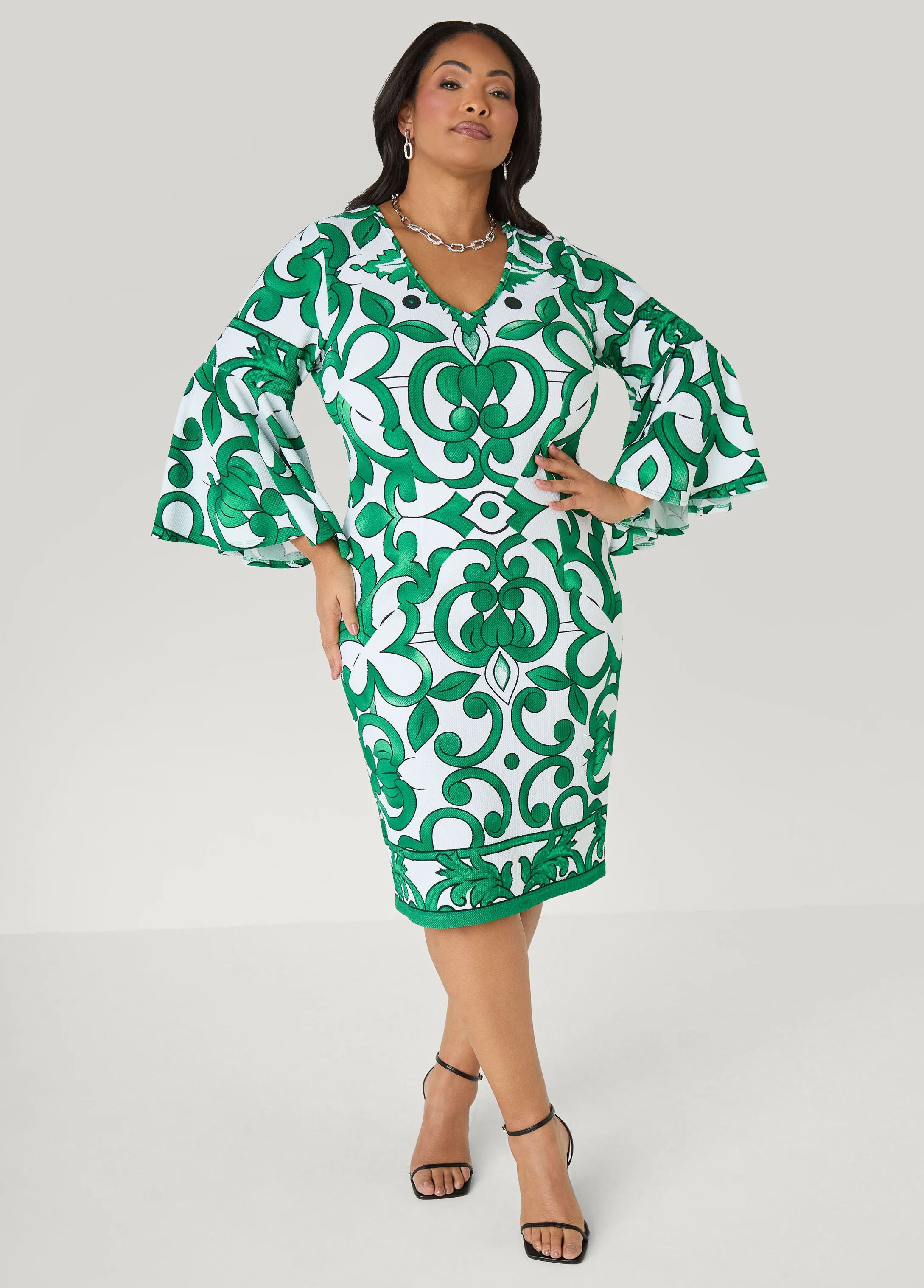 Bell Sleeved Scroll Print Dress sold by Ashley Stewart